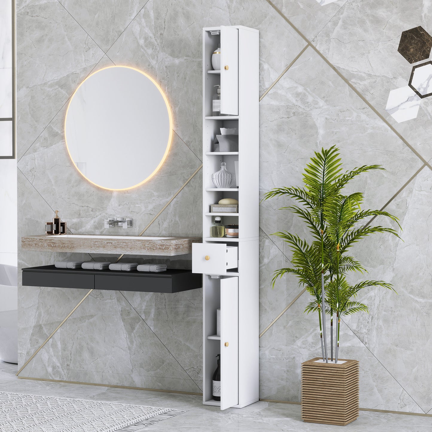 HOMCOM 178 cm Narrow Tall Bathroom Cabinet - White