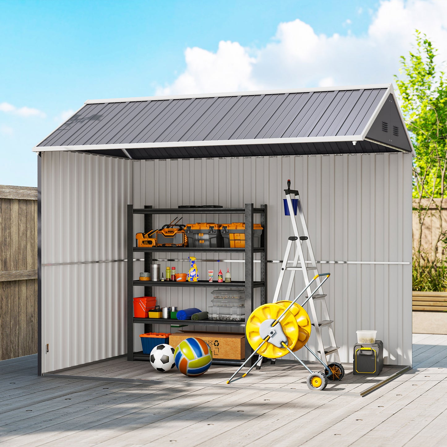 Outsunny 8 x 6 ft Galvanised Garden Shed, Outsoor Metal Storage Shed with Double Doors Window Air Vents, Grey