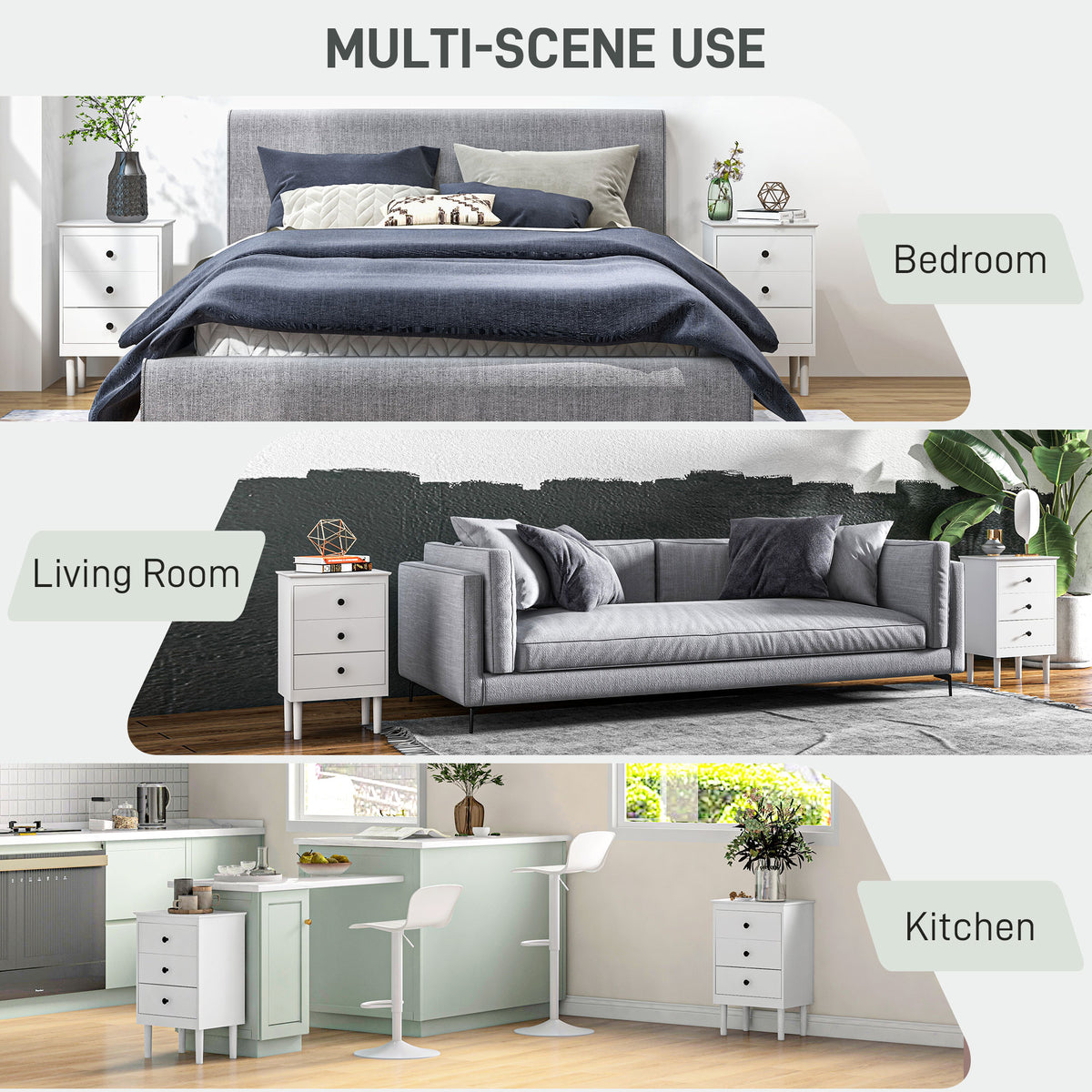 White three-drawer bedside table shown in bedroom, living room, and kitchen settings