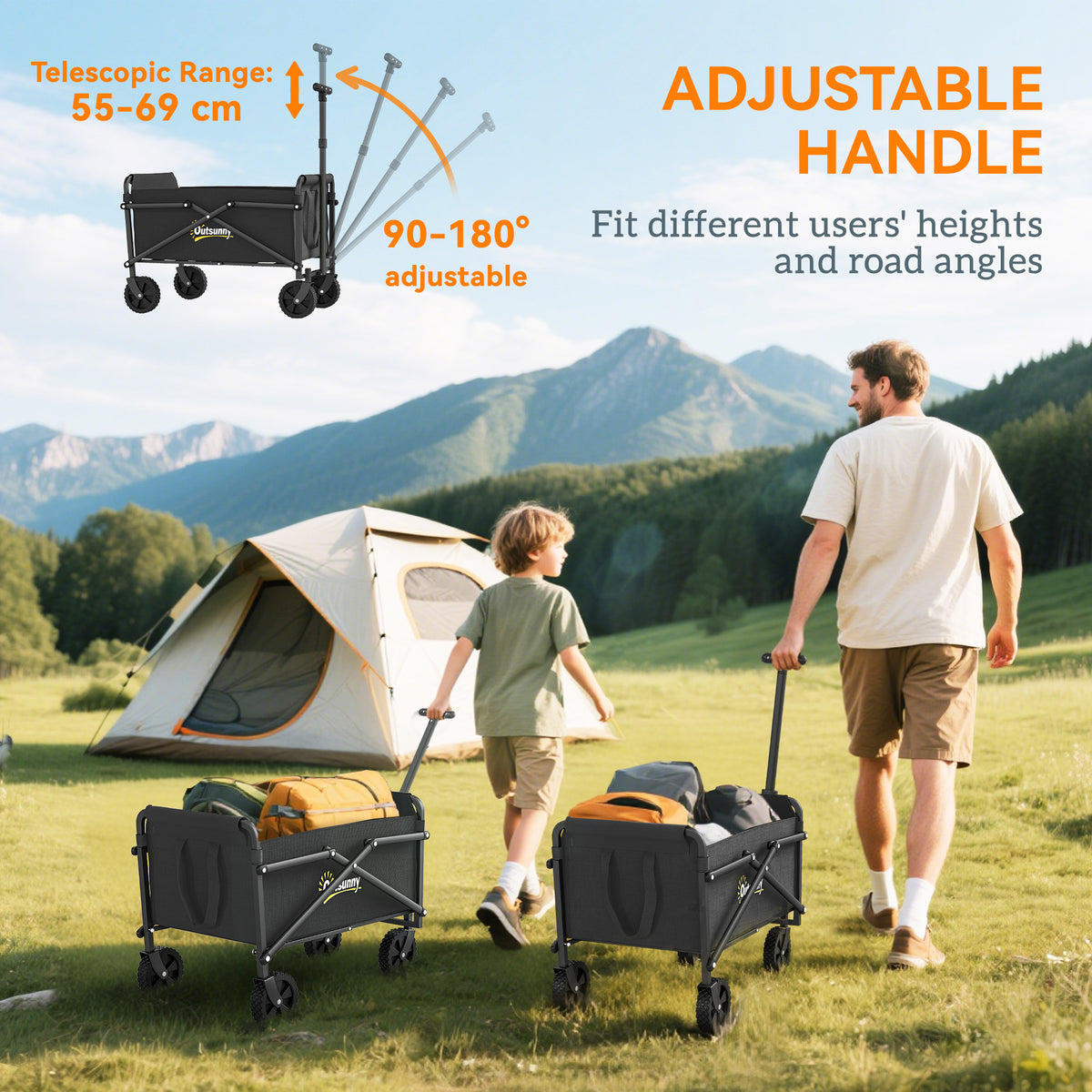 Outsunny 62L Festival Trolley on Wheels, Portable Small Folding Trolley Cart, 60kg Heavy Duty Collapsible Foldable Wagon with Adjustable Handle and Carrying Bag for Beach, Camping, Garden, Black