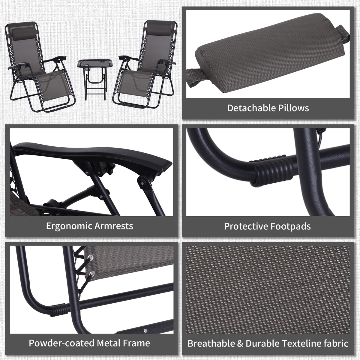 Zero-gravity chair set details, including detachable pillows and breathable fabric