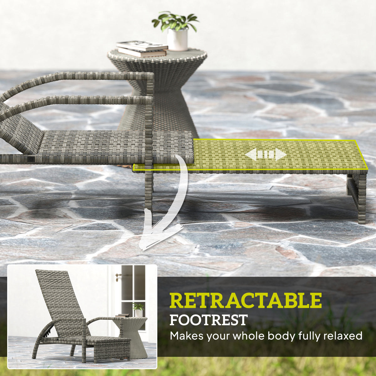Grey rattan lounger with footrest extended to show its sliding design
