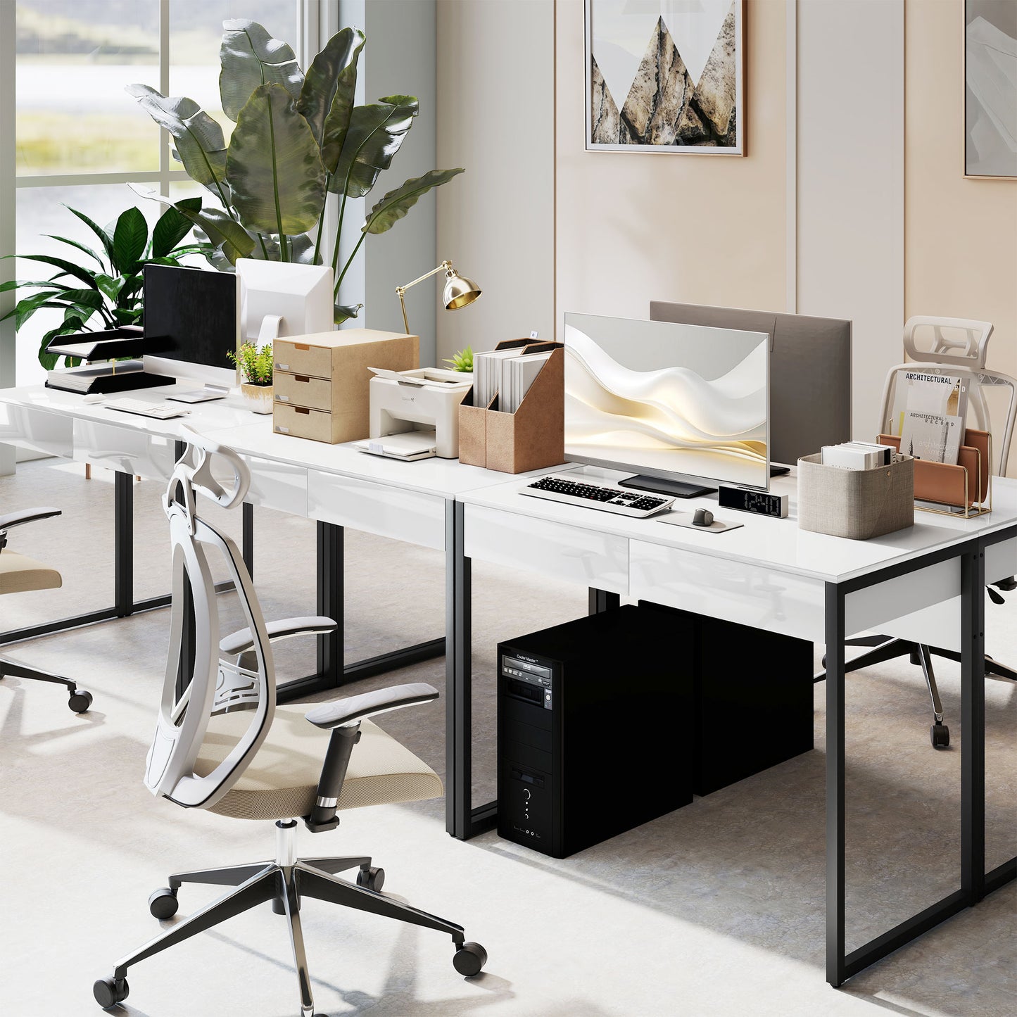 HOMCOM High Gloss Work Table, with Drawers - White