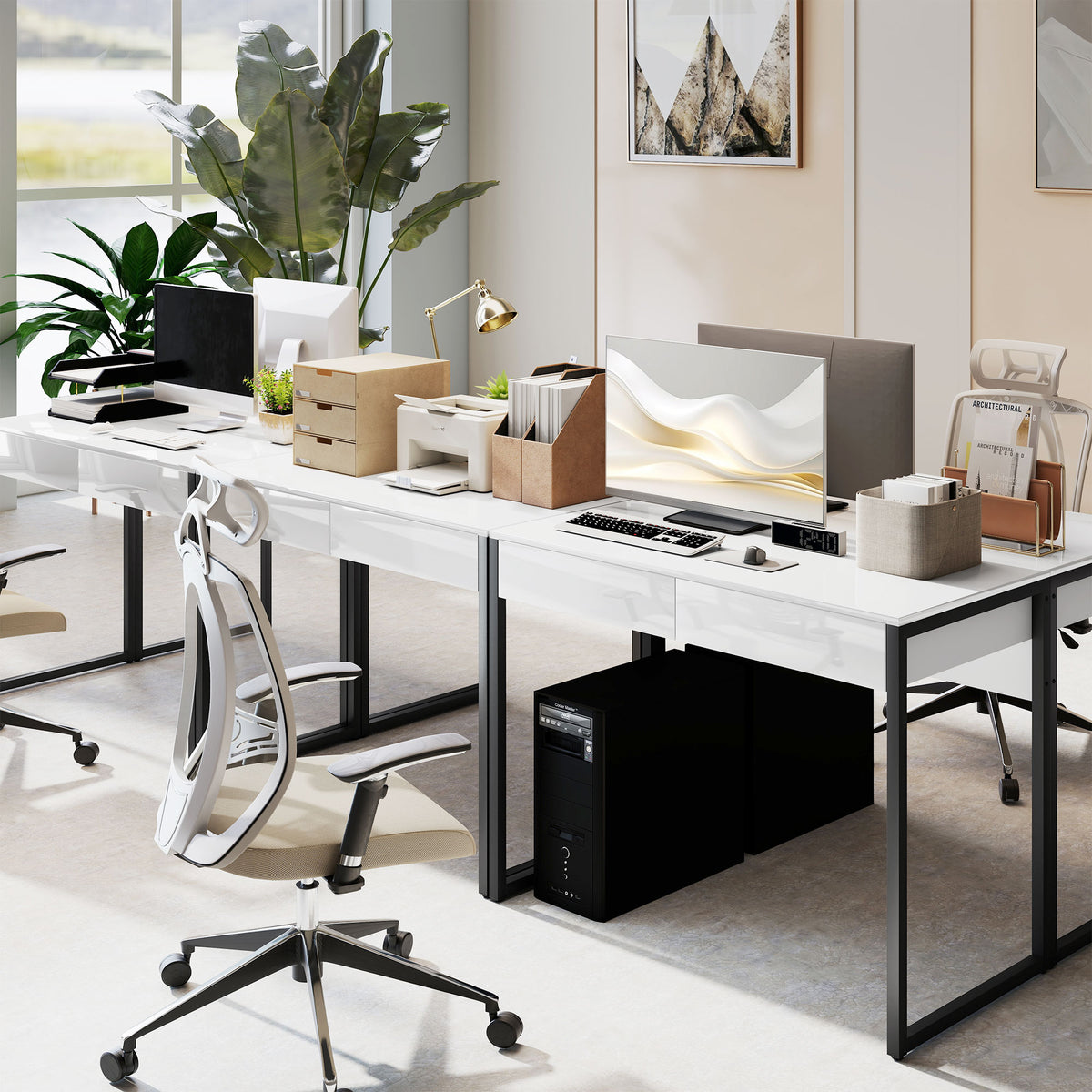 HOMCOM High Gloss Work Table, with Drawers - White