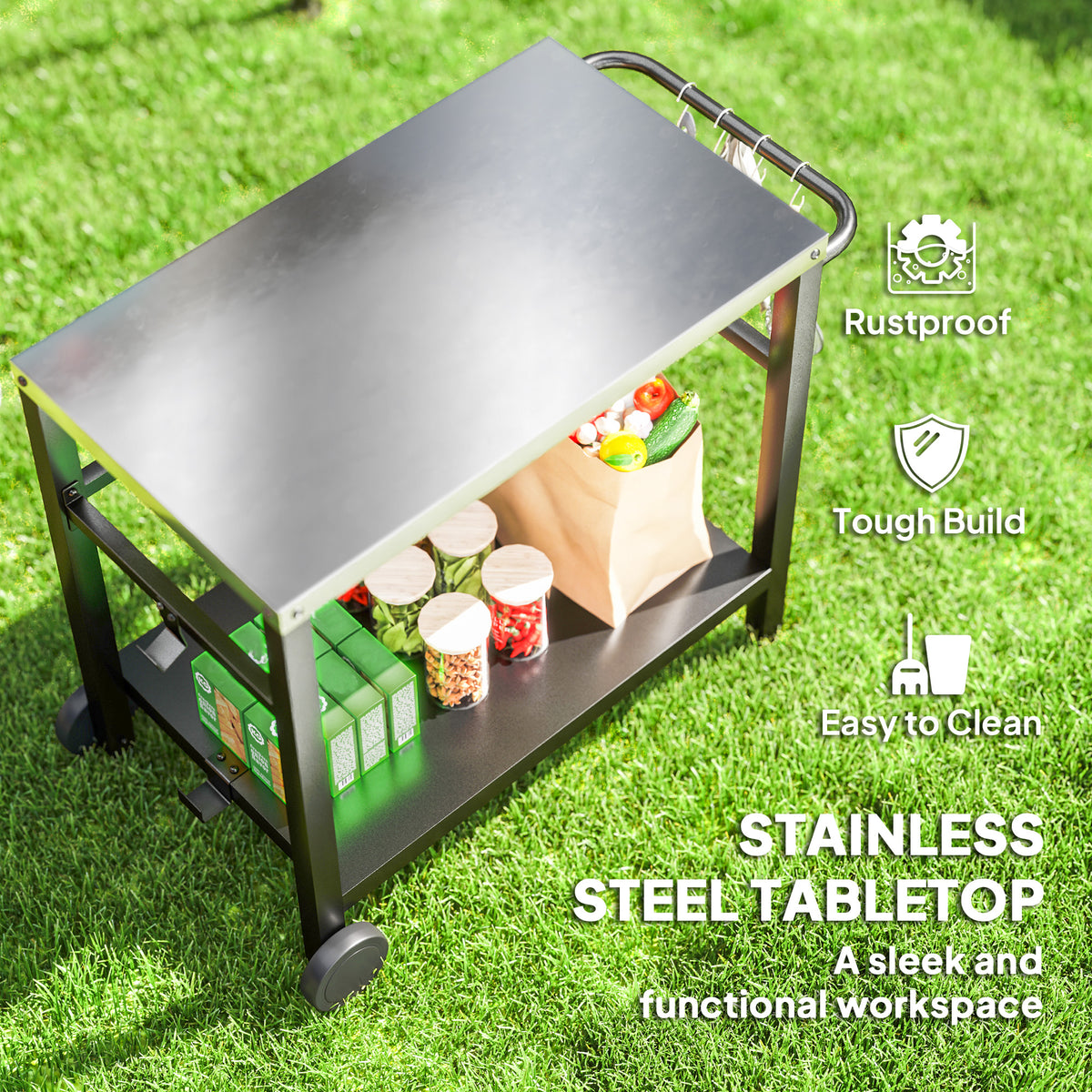Outsunny grill cart with stainless steel worktop, black lower shelf and storage items