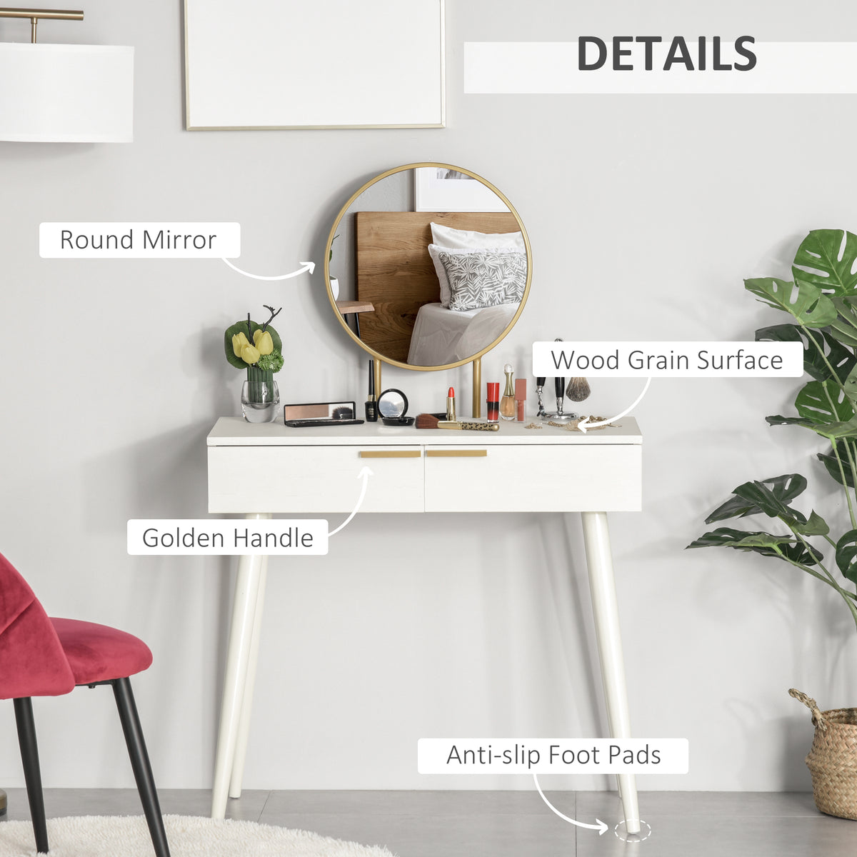 Dressing table with round mirror, gold handles and tapered legs