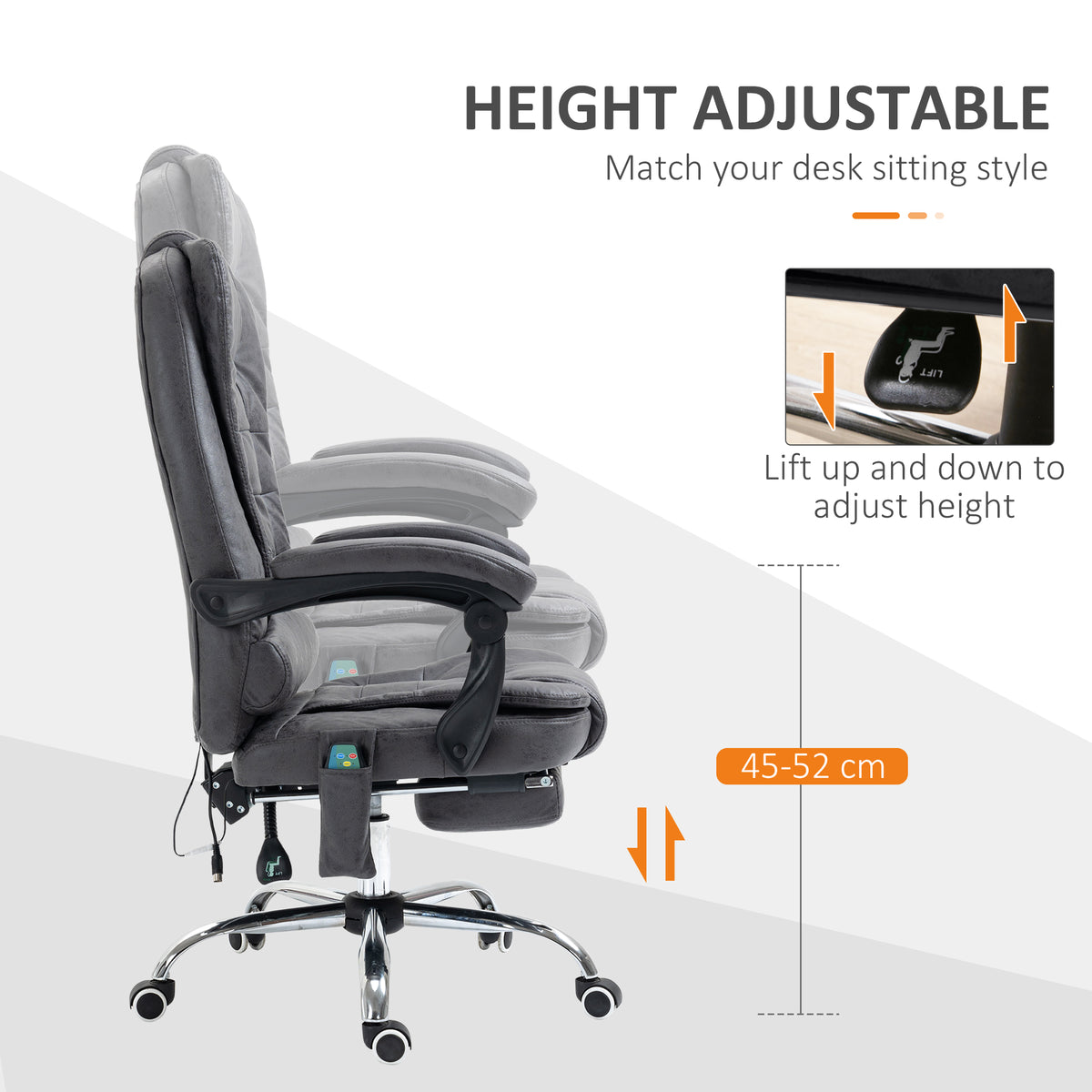 Vinsetto office chair in side view with adjustable height lever and footrest