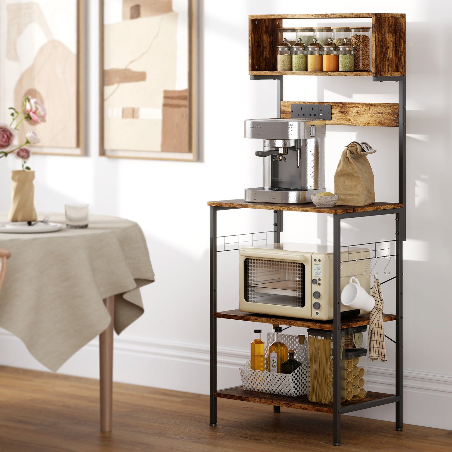 HOMCOM Kitchen Storage Rack, Bakers Rack with Power Outlet, USB Charger, Rustic Brown