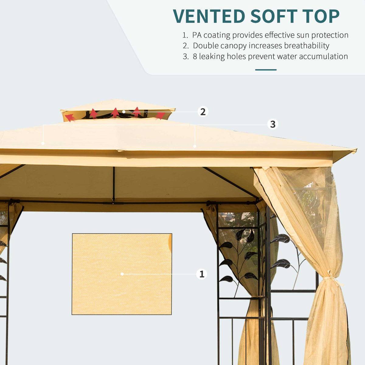 Gazebo double canopy with vented soft top and mesh side curtains