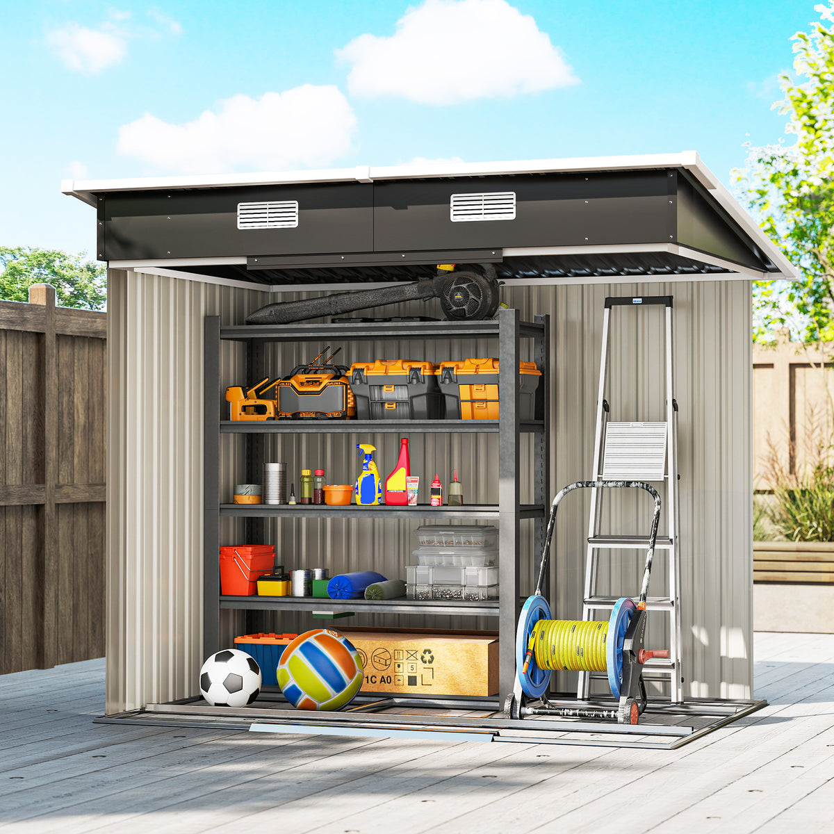 Outsunny 7 x 4ft Outdoor Storage Shed with Foundation Kit, Lean to Metal Garden Shed for Log, Rubbish Bin, Tool, Lawnmower, Bike, Patio and Lawn Use, Black