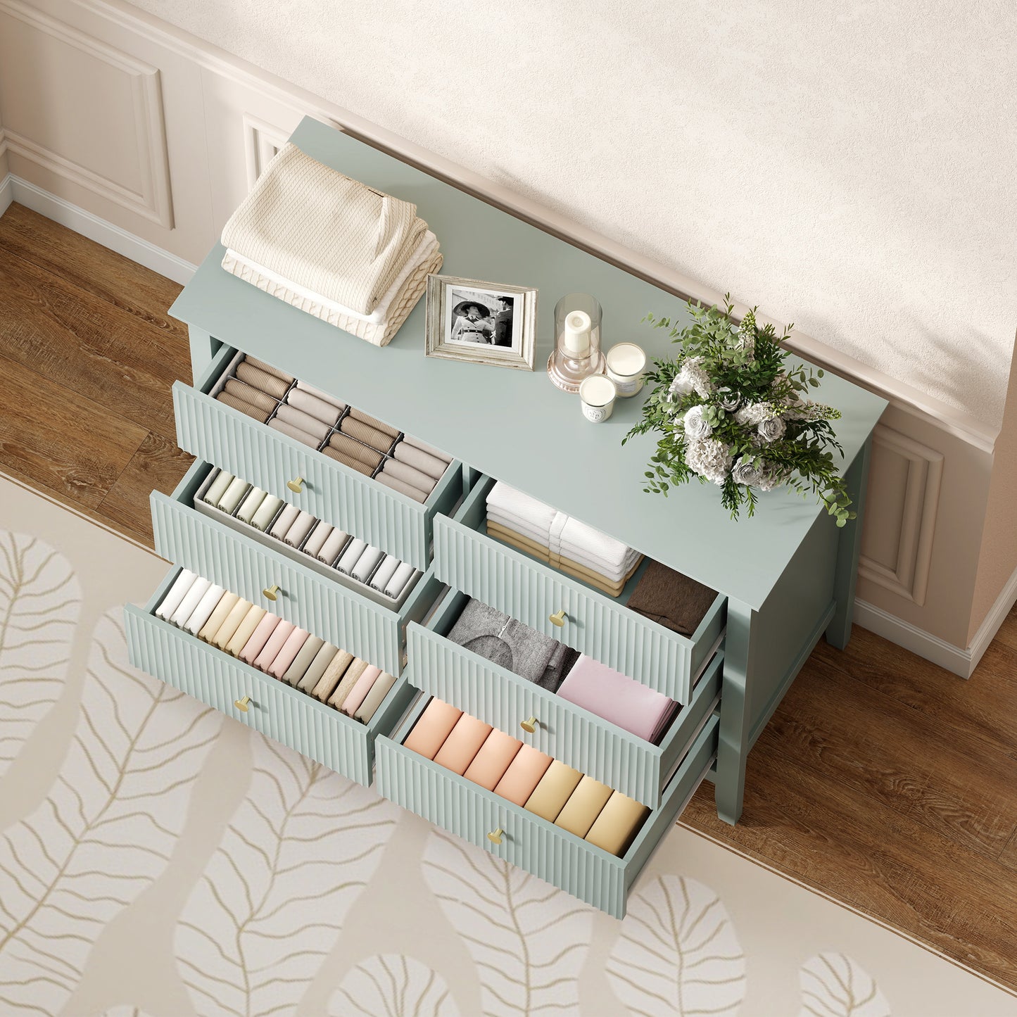 HOMCOM Fluted Dresser, 6 Drawer Chest of Drawers for Bedroom, Living Room, Hallway, Closet, Green
