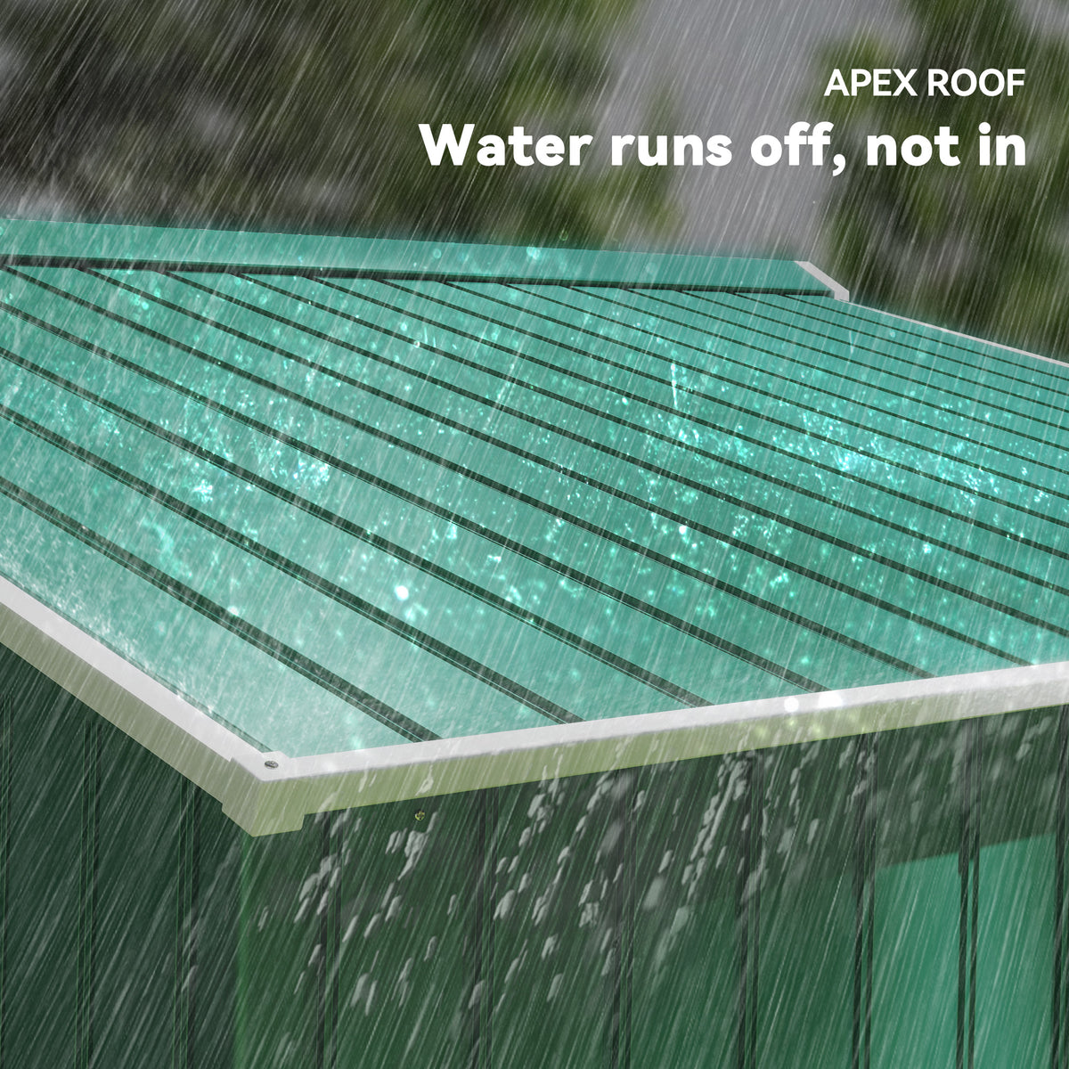 Outsunny green metal shed roof with raised seams and white trim