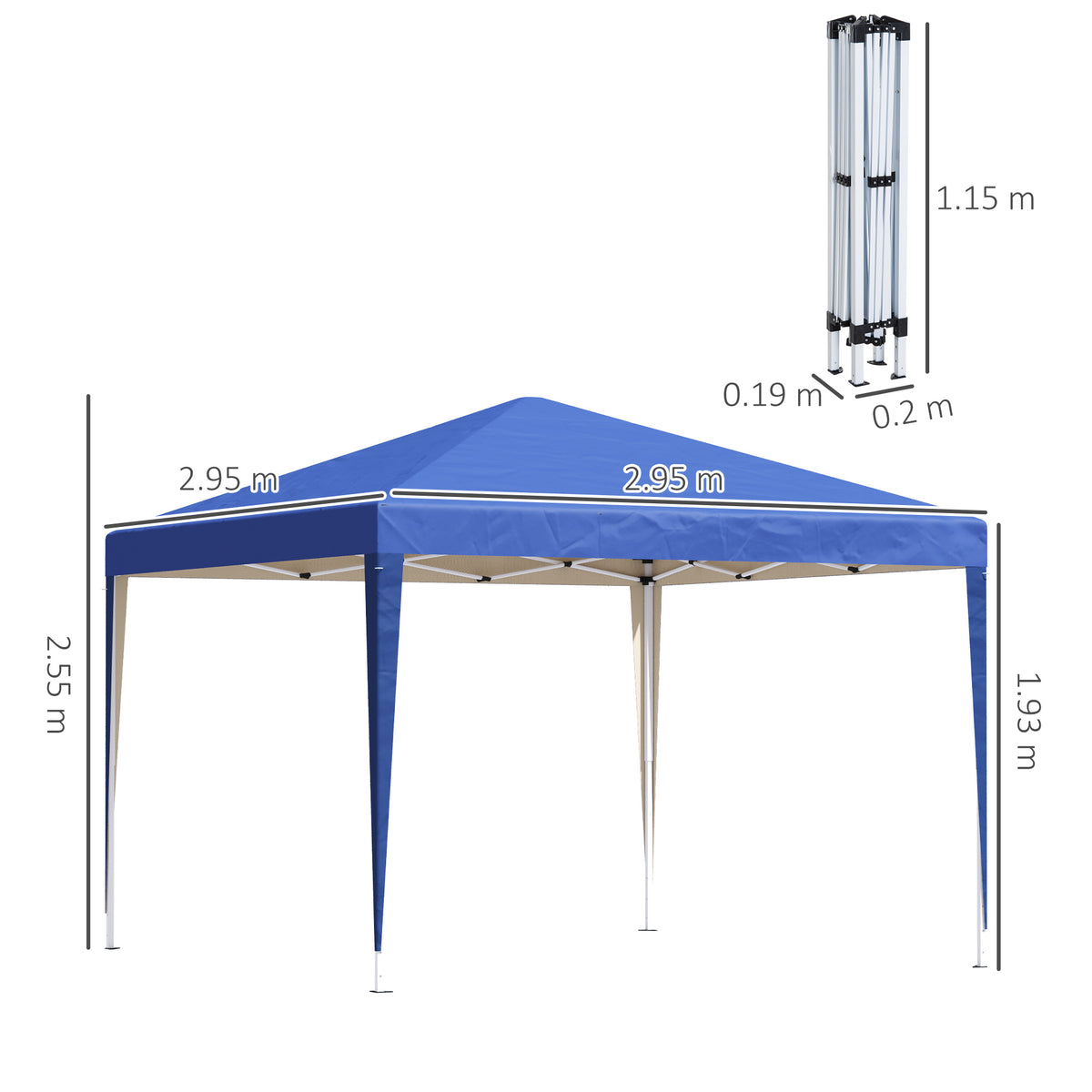 Blue pop-up gazebo with dimensions and folded frame measurements