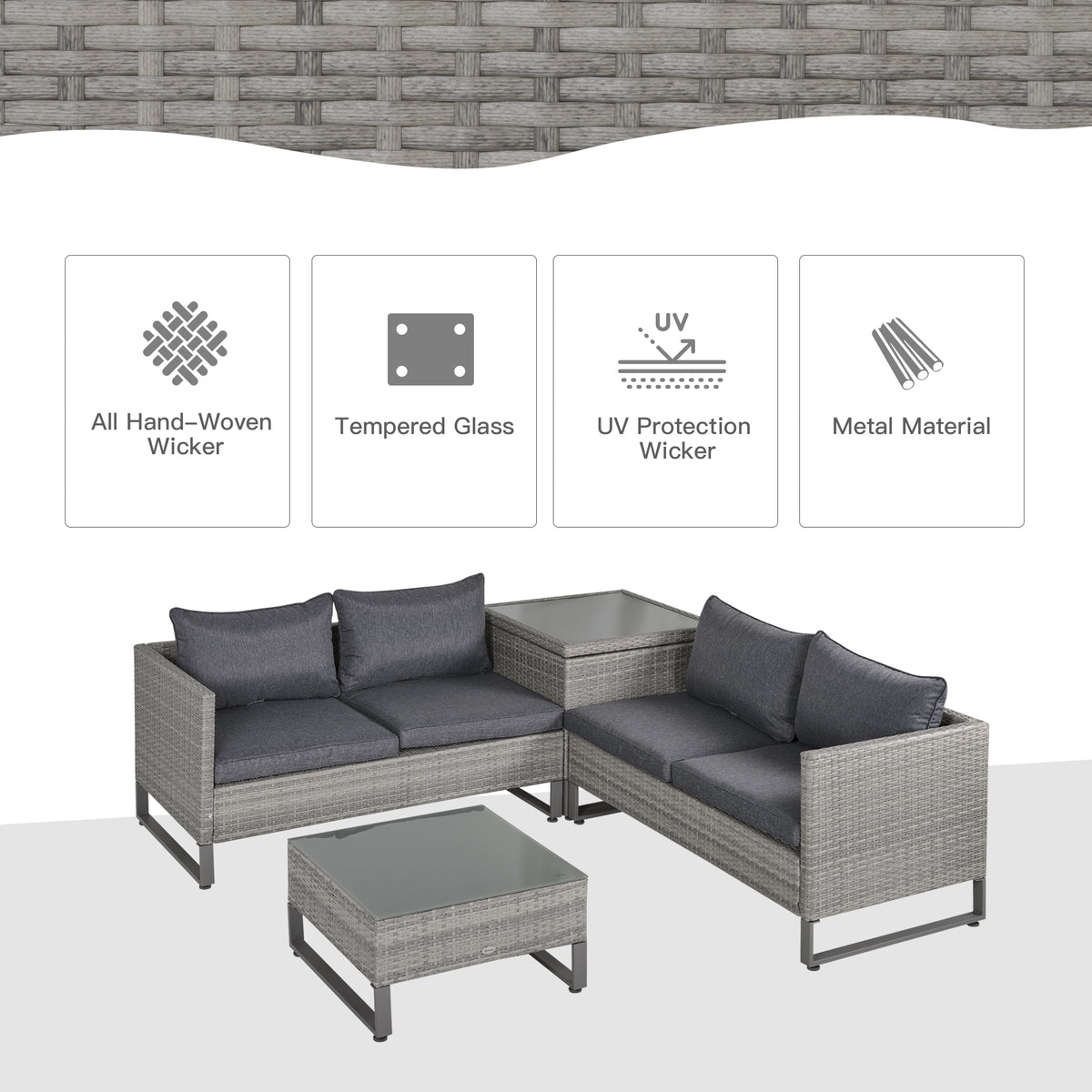 Gray rattan patio set with dark cushions and glass-top tables; woven wicker, tempered glass and metal frame