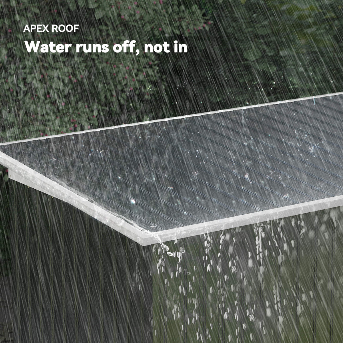 Outsunny metal garden shed roof showing its sloped apex design and rain runoff