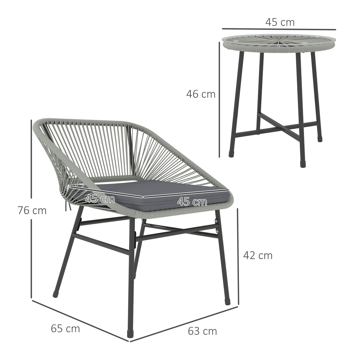 Wicker bistro chair and round table with dimensions marked