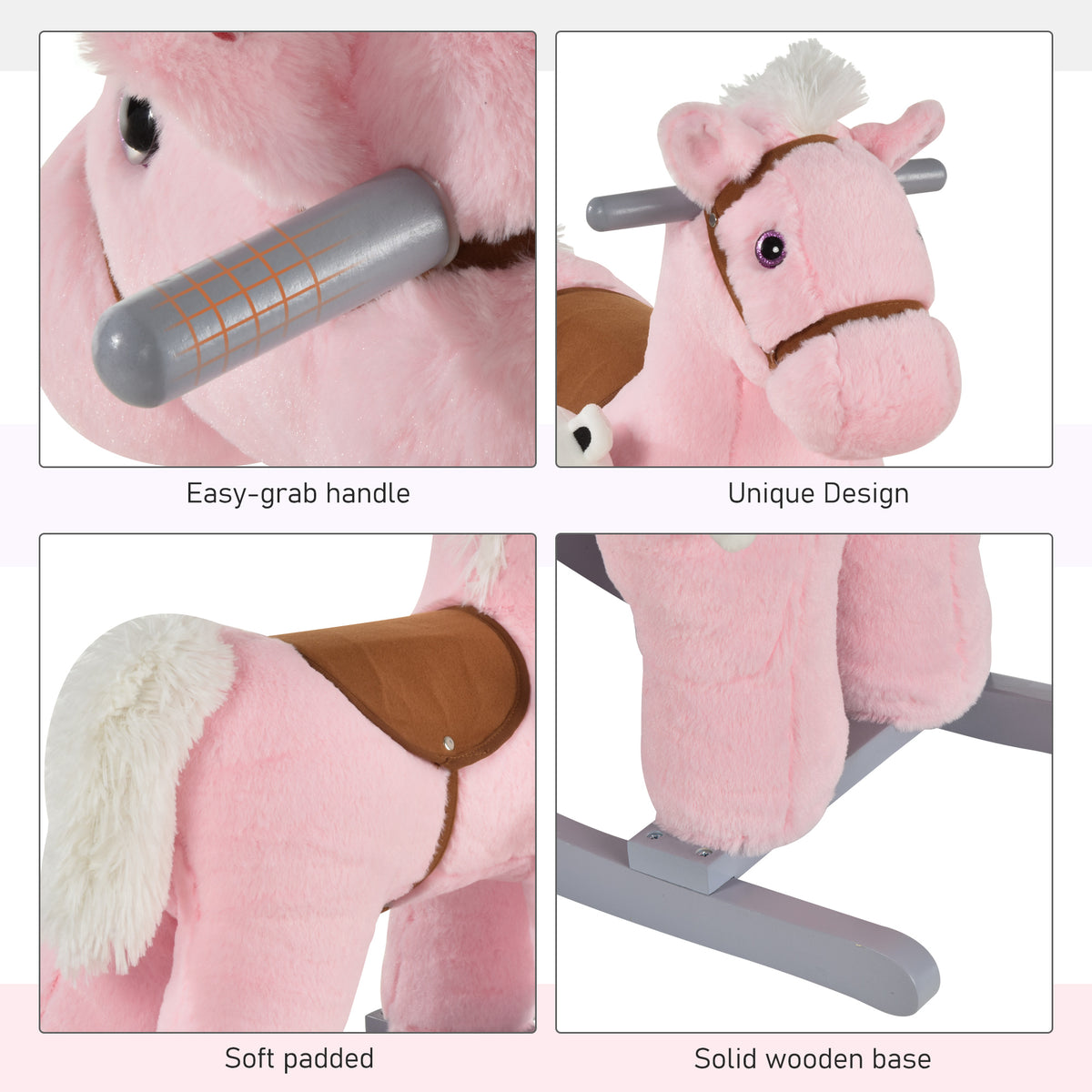 Pink plush rocking horse details, including grab handle, brown saddle, padded legs, and wooden base