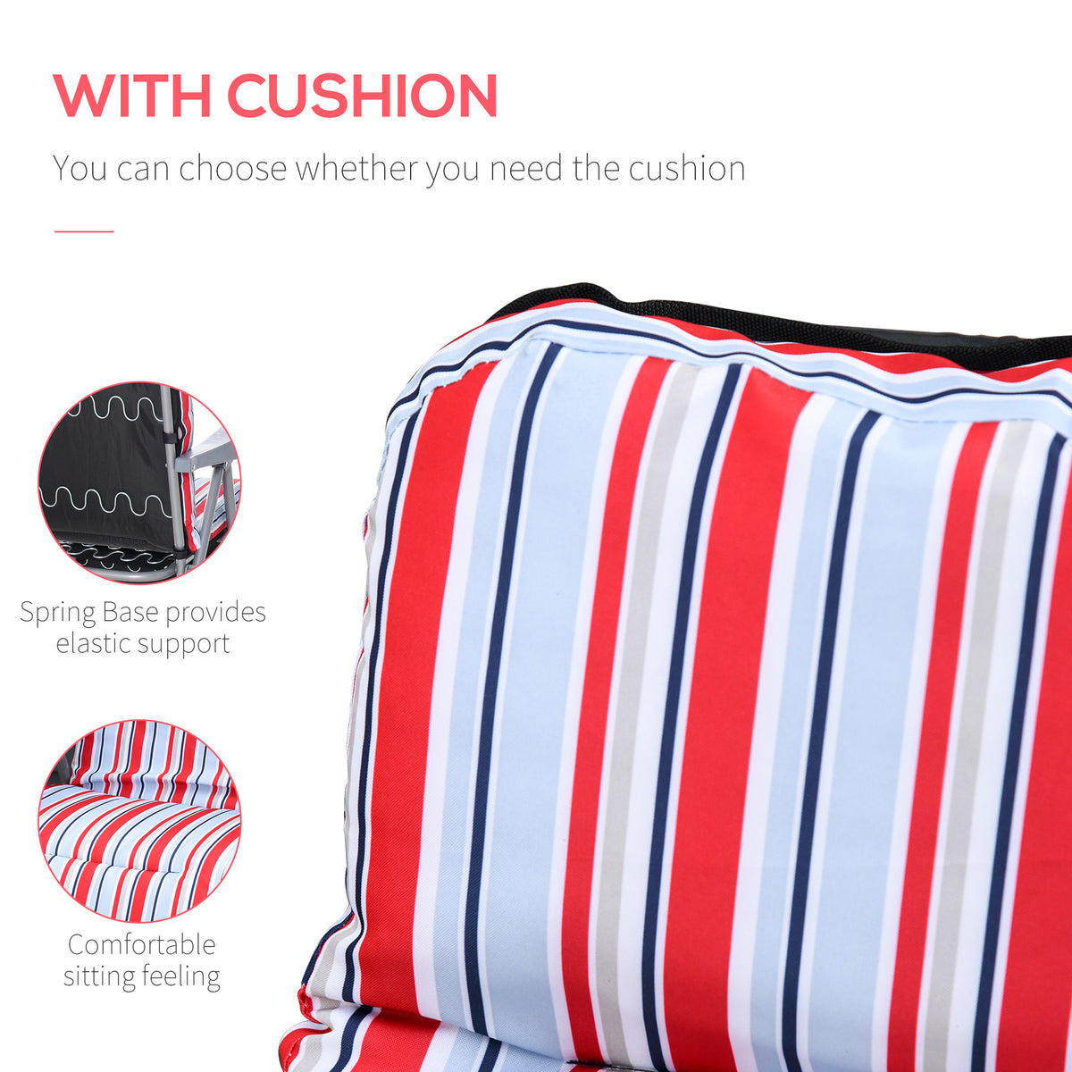 Close-up of the red, white, and blue striped chair cushion with a padded surface and elastic support base