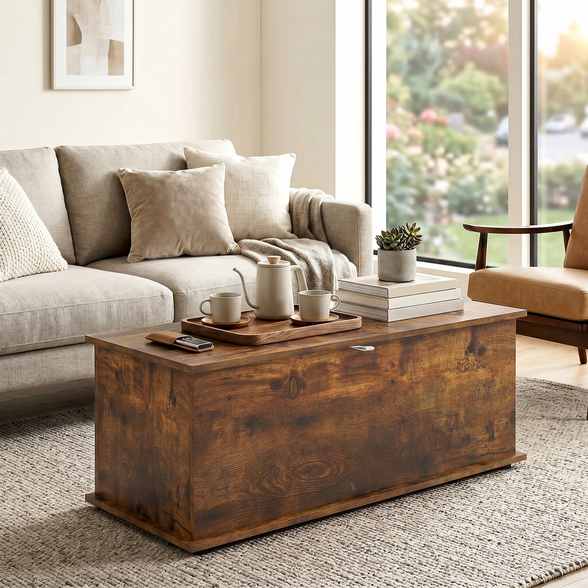 Closed rustic brown storage chest used as a living room coffee table