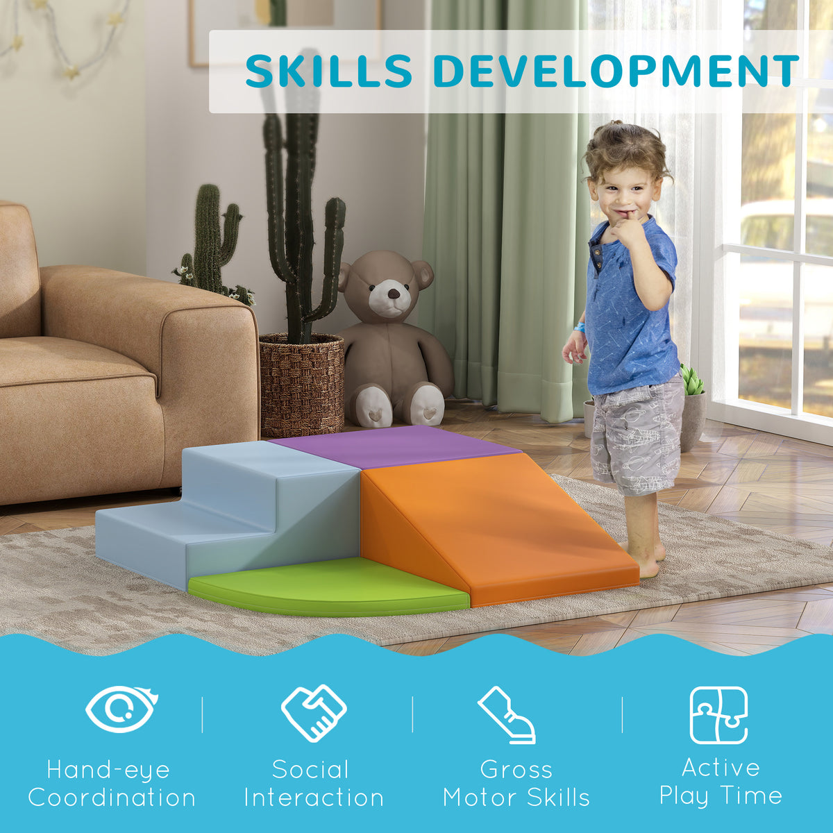 HOMCOM toddler foam play set arranged with blue steps, purple block, orange ramp, and green pad
