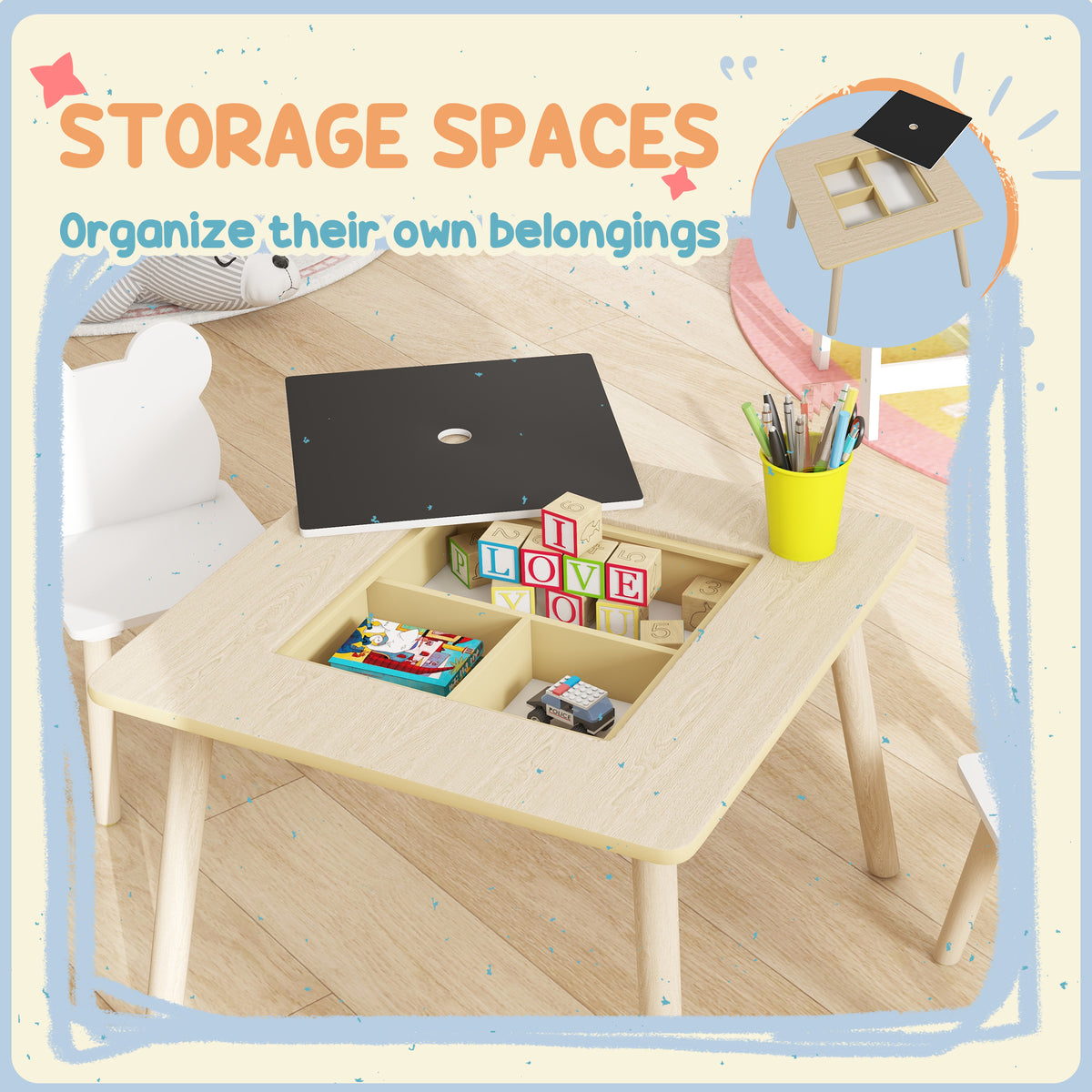 AIYAPLAY 3-Piece Kids Table and Chairs Set with Convertible Desk and Storage Grid, Kids Activity Table for Nursery, Playroom
