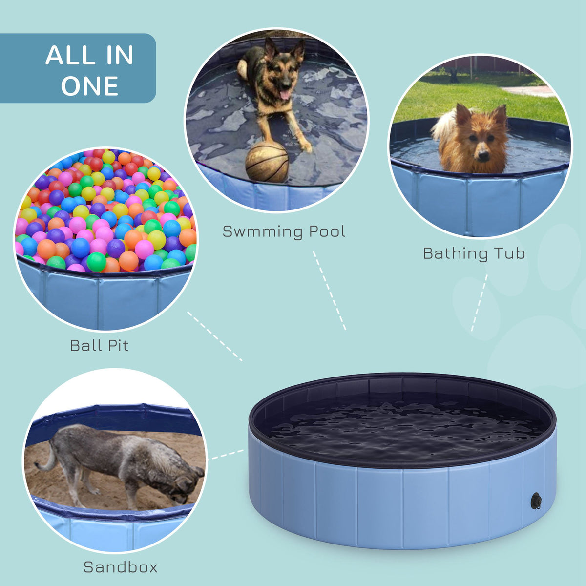 Blue foldable dog pool shown as a ball pit, swimming pool, bathing tub, and sandbox