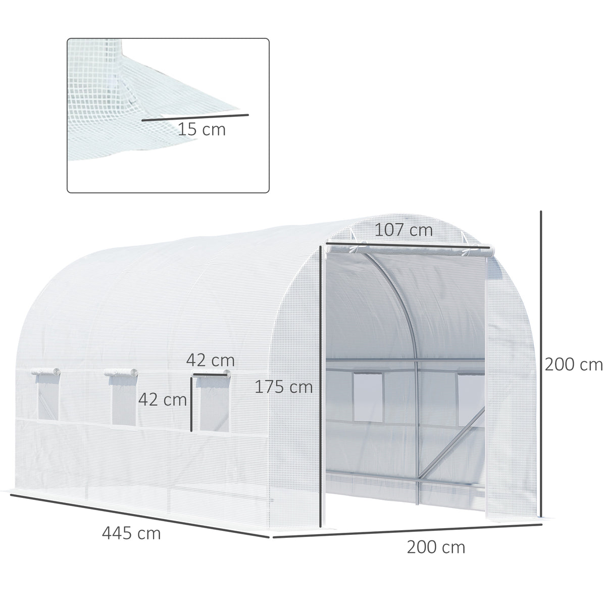 Outsunny white polytunnel greenhouse with dimensions and 15 cm cover extension shown