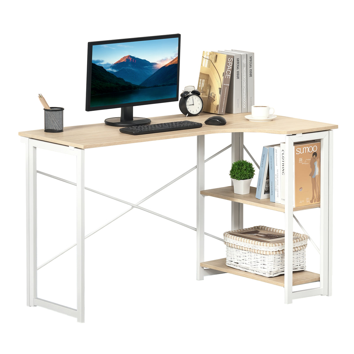 Oak-tone L-shaped computer desk with white metal frame and two storage shelves