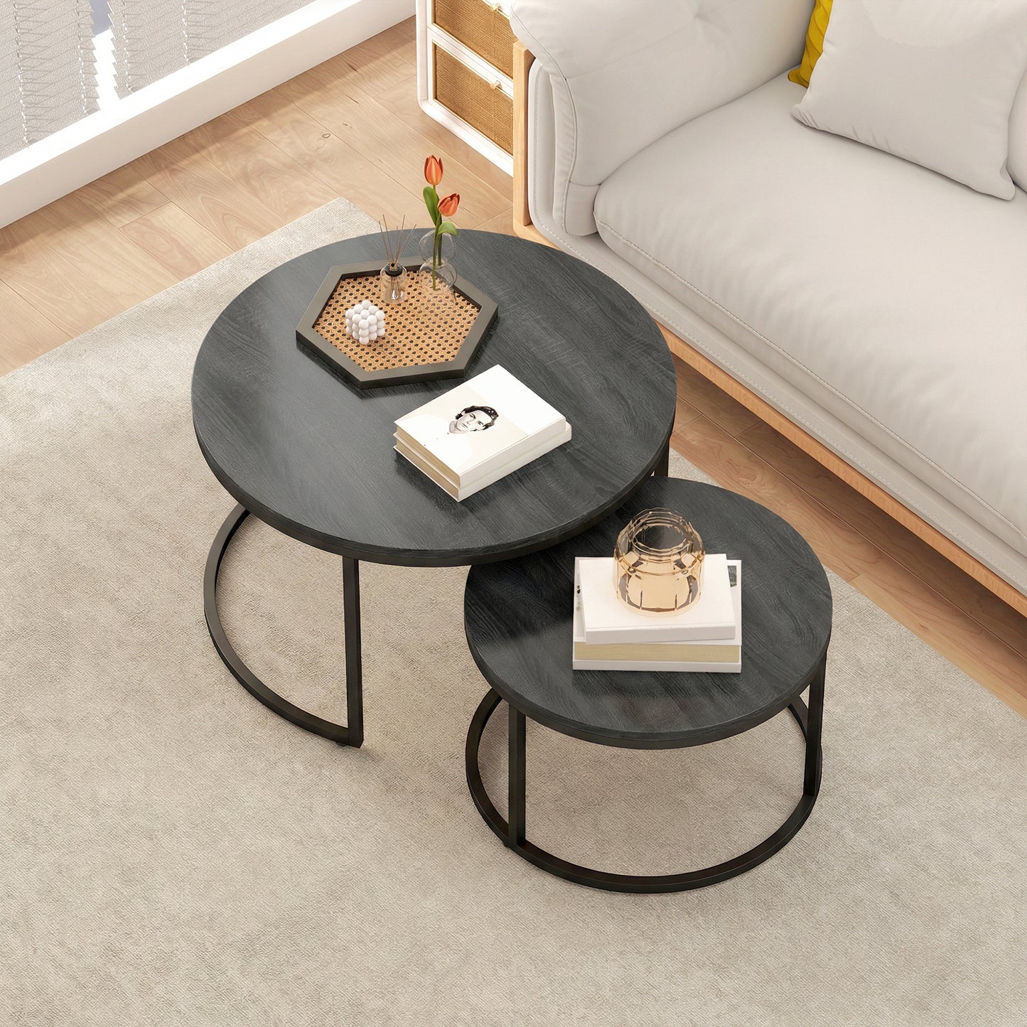 HOMCOM Set of Two Wood-Effect Stacking Tables - Black Wood Grain