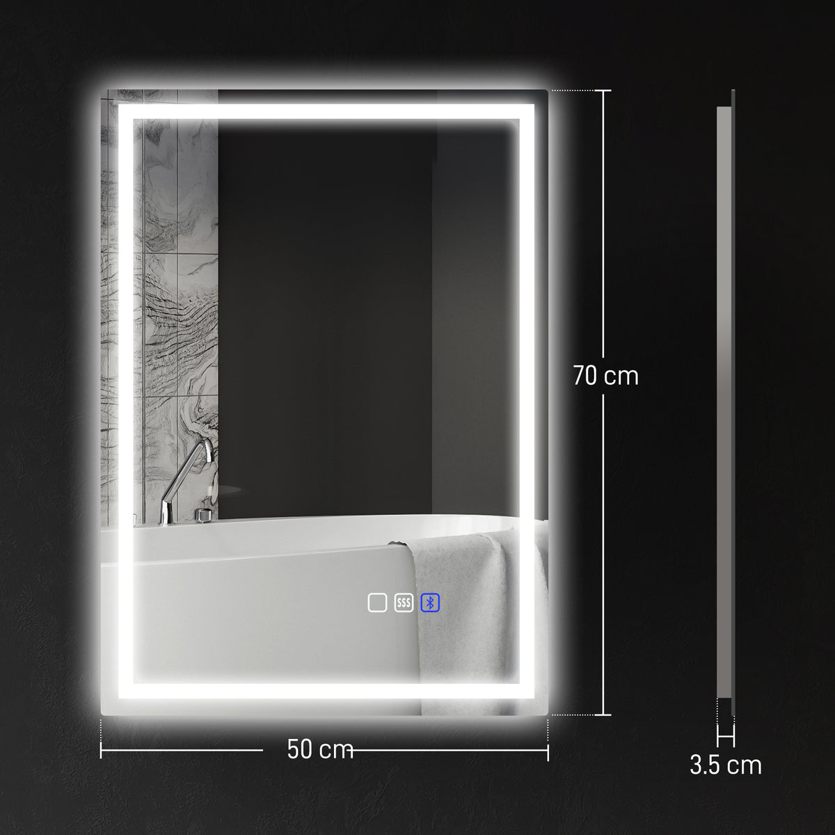 HOMCOM Bluetooth bathroom mirror, 70 by 50 cm, with illuminated border and 3.5 cm depth