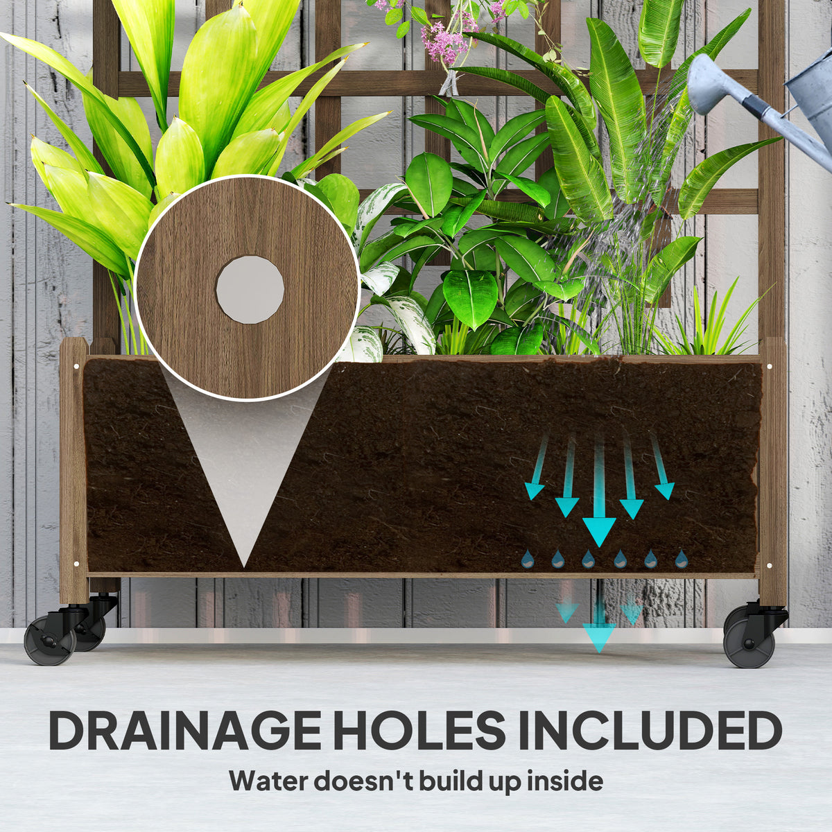 Outsunny wooden planter showing drainage holes and caster wheels