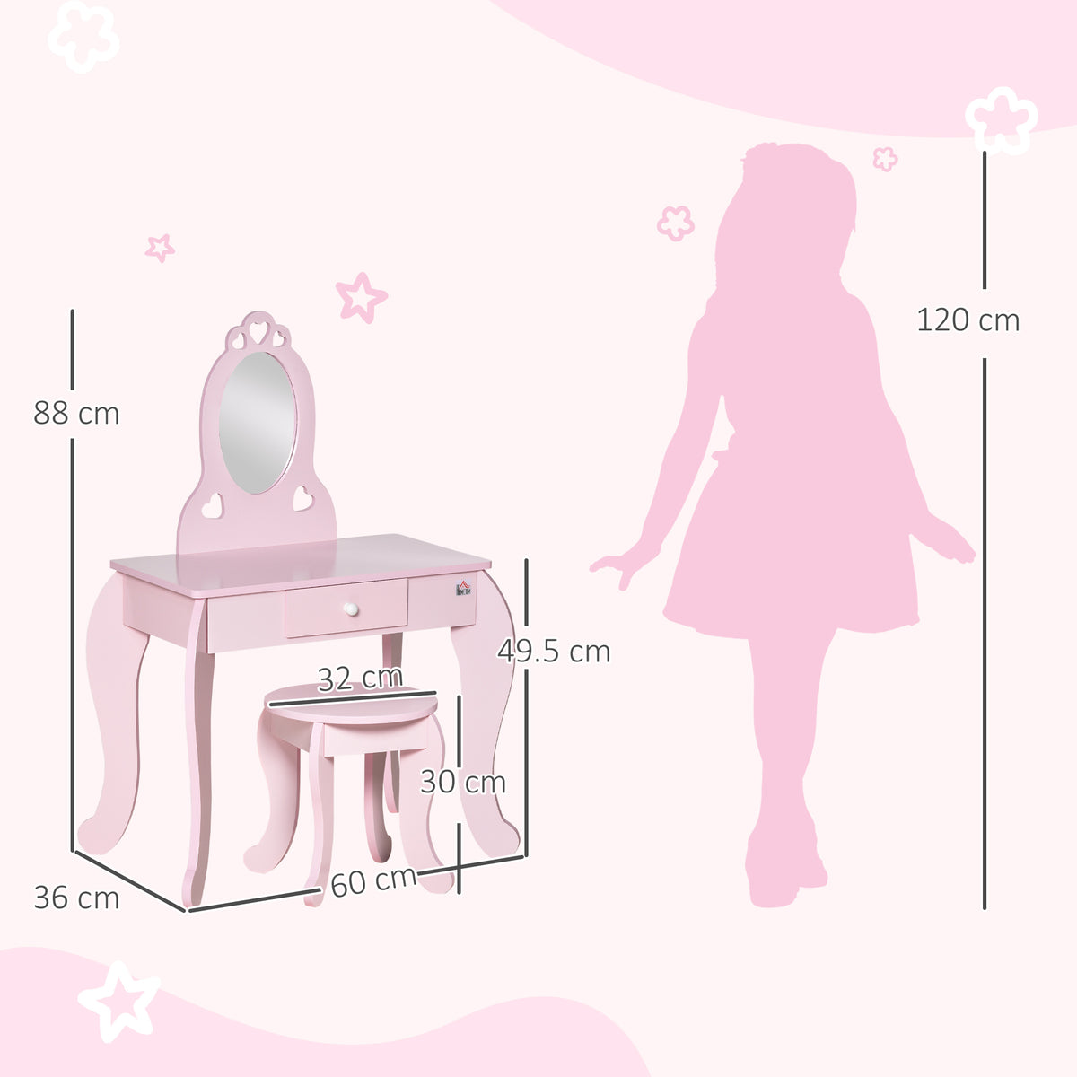 Pink children's vanity table and stool with mirror, shown with dimensions