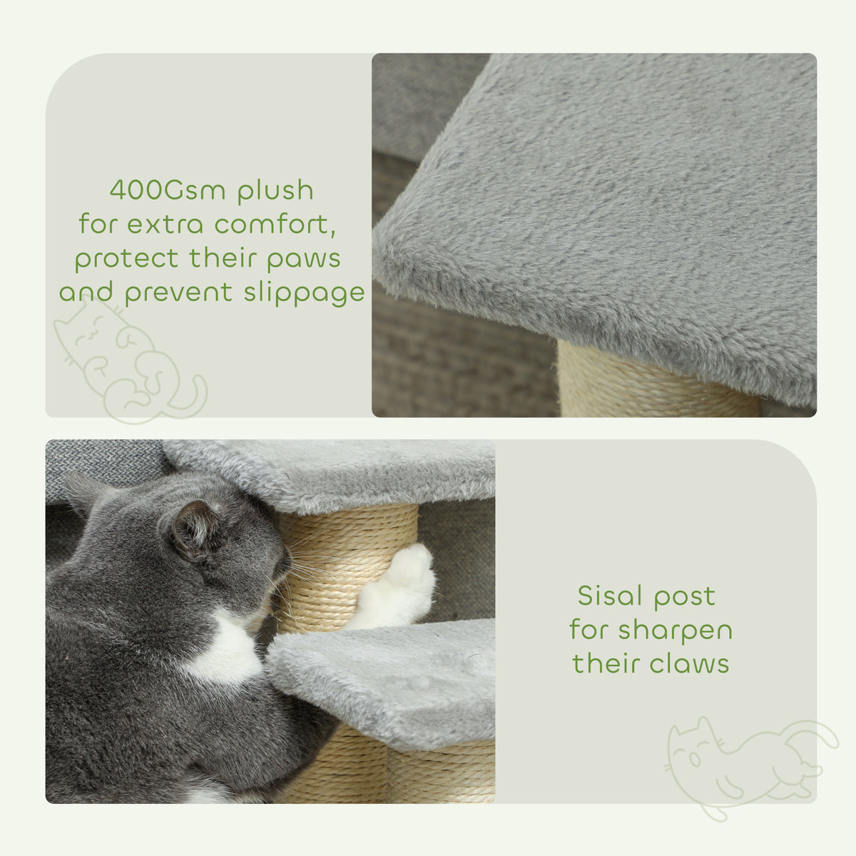 Close-ups of the stairs' soft gray plush platform and sisal-wrapped scratching post.