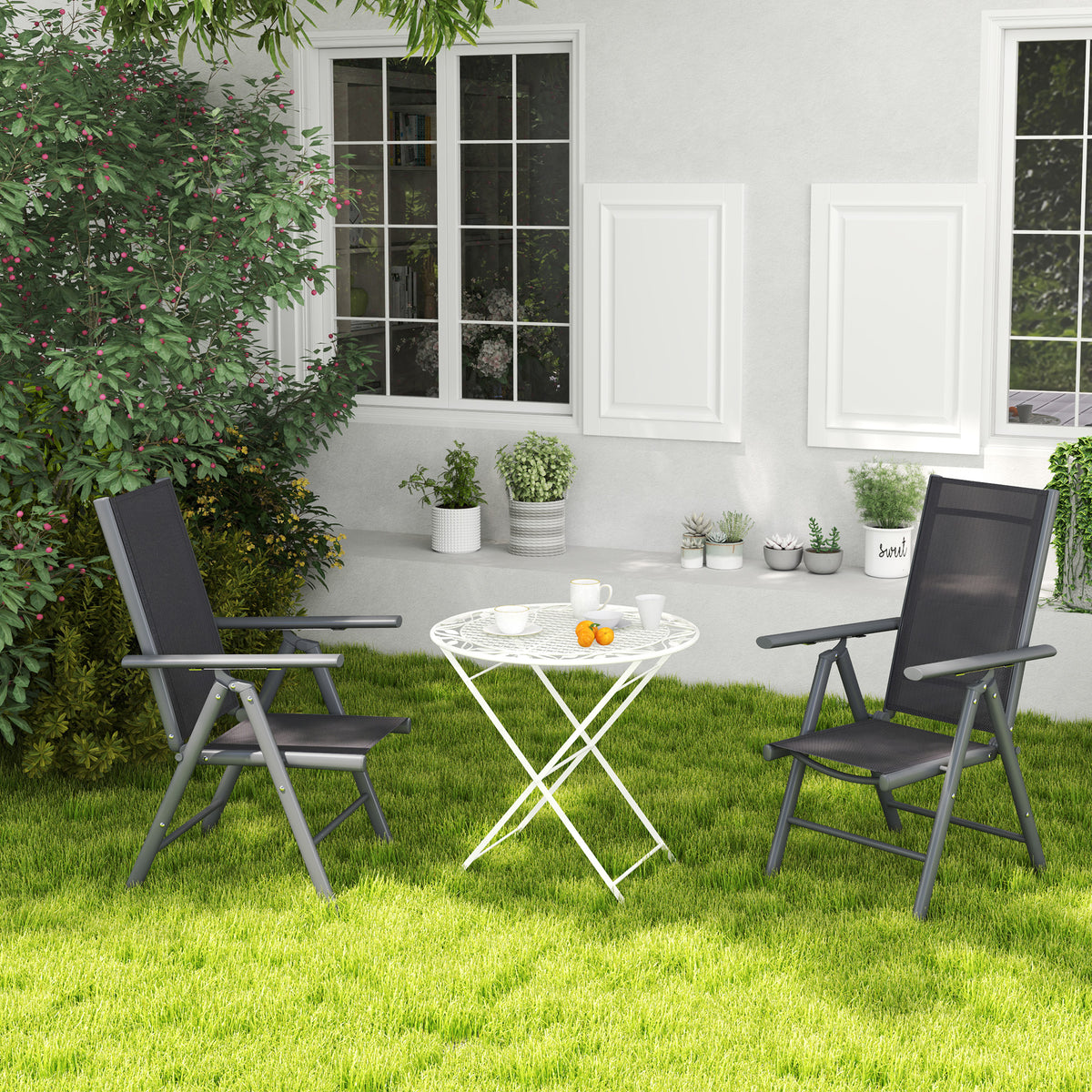 Outsunny Set of 2 Folding Garden Chairs, Aluminium Frame Outdoor Dining Chairs with Breathable Mesh Back and Seat, Garden Folding Chair Set with Armrests for Balcony, Dark Grey