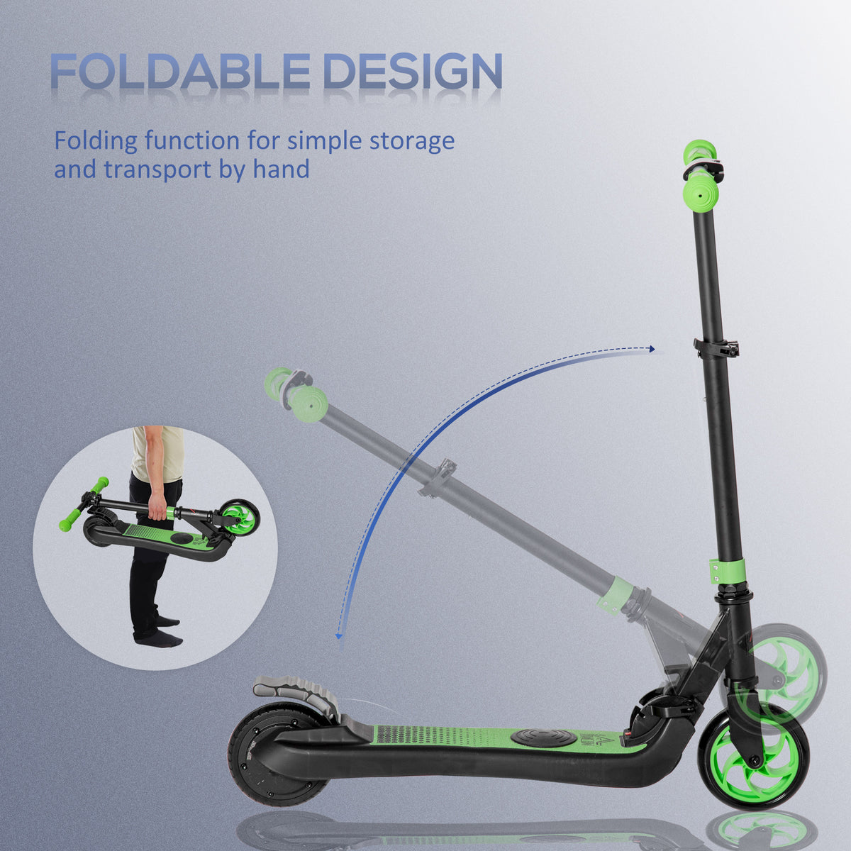 Green and black HOMCOM folding electric scooter shown upright and folded for carrying