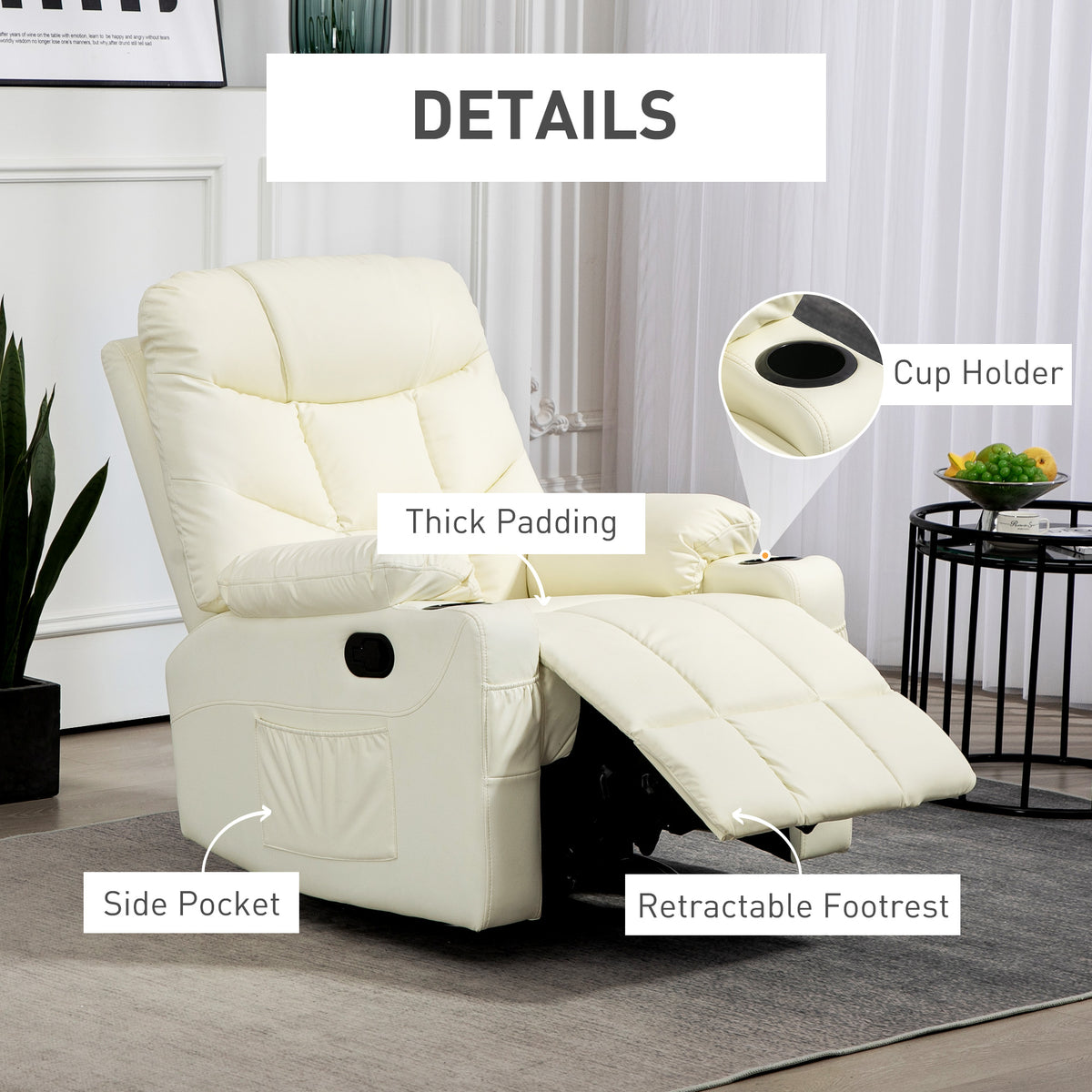 Cream recliner with extended footrest, cup holder, and side pocket