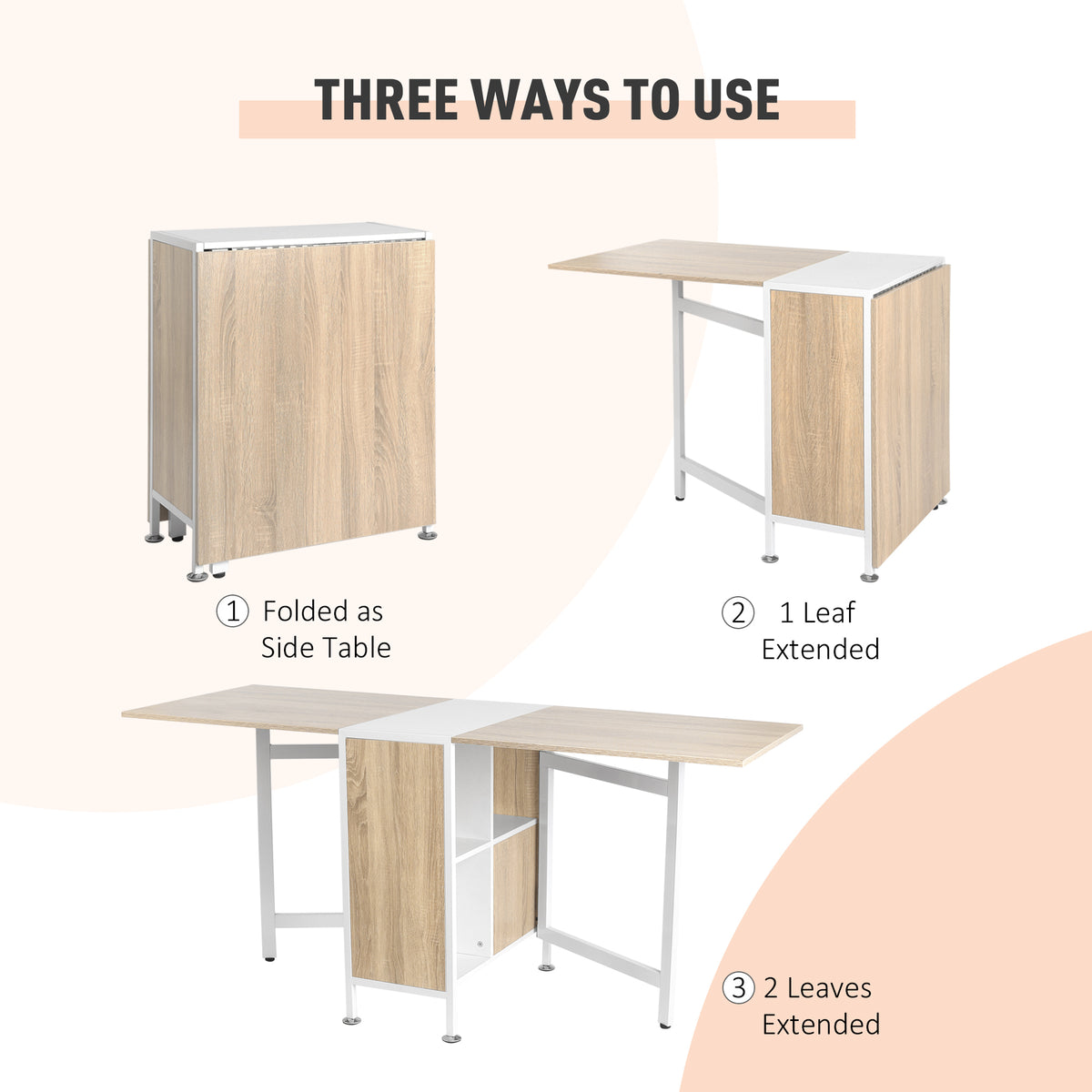 Folding table shown closed, with one leaf extended, and with both leaves extended