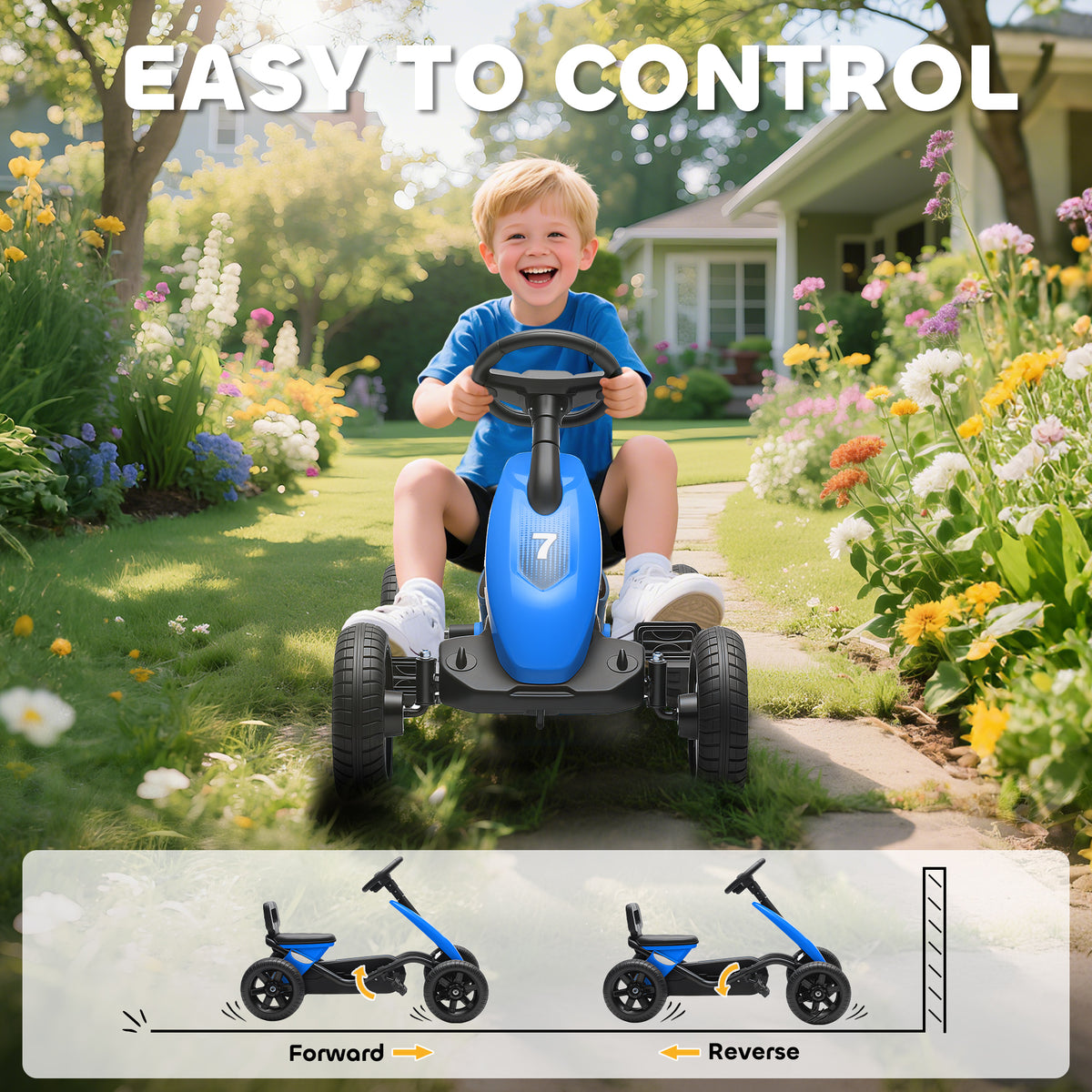 AIYAPLAY Pedal Go Kart for Kids 2-5 Years, with Silent EVA Wheels, Metal Frame, Blue