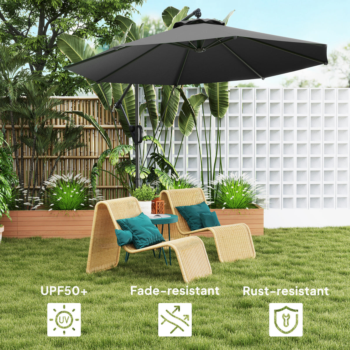 Grey cantilever umbrella with a tilted canopy for outdoor shade