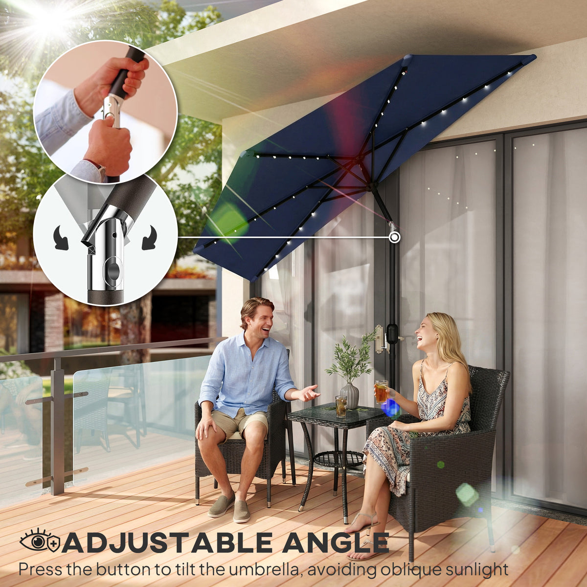 Outsunny 2.6 m Half Garden Parasol with Solar LED Lights, UPF50+ Semi Round Umbrella with 30° Tilt, Crank Handle, Dark Blue