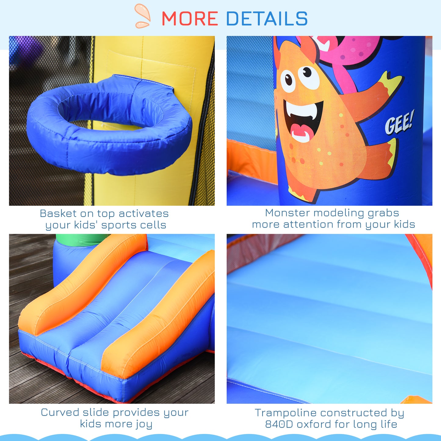 Outsunny Bouncy Castle Inflatable Basket Trampoline Slide Monster Design for Kids Age 3-8, Blue