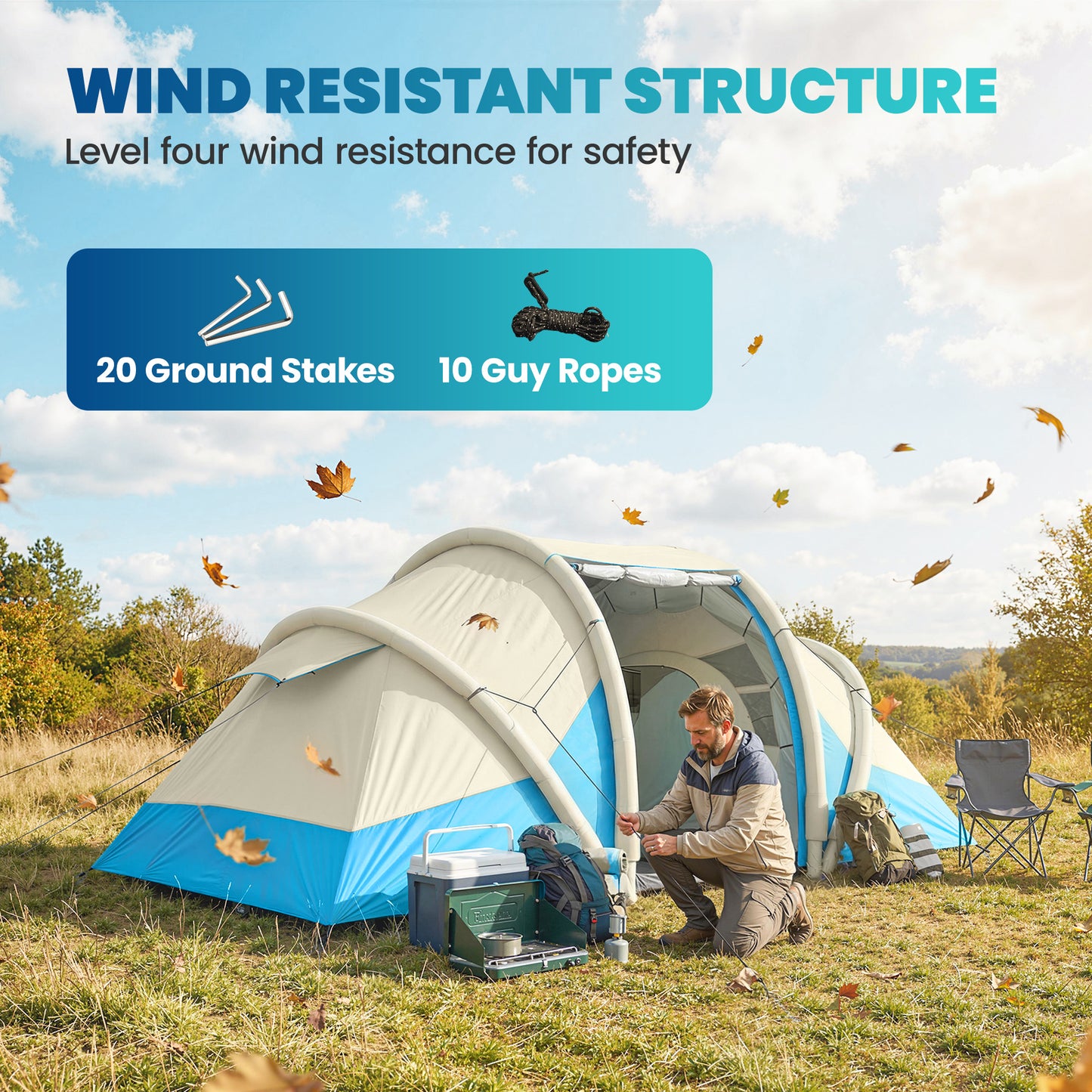 Outsunny Inflatable Tent 2 Bedroom Tunnel Design Windproof Air Tent with Carry Bag for 4 Person