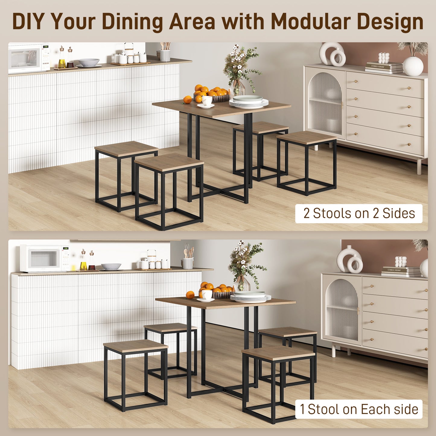 HOMCOM 5 Piece Dining Table and Chairs Set 4, Industrial Space Saving Table and Chairs with Metal Frame, Square Kitchen Table and Stools for Dining Room, Brown