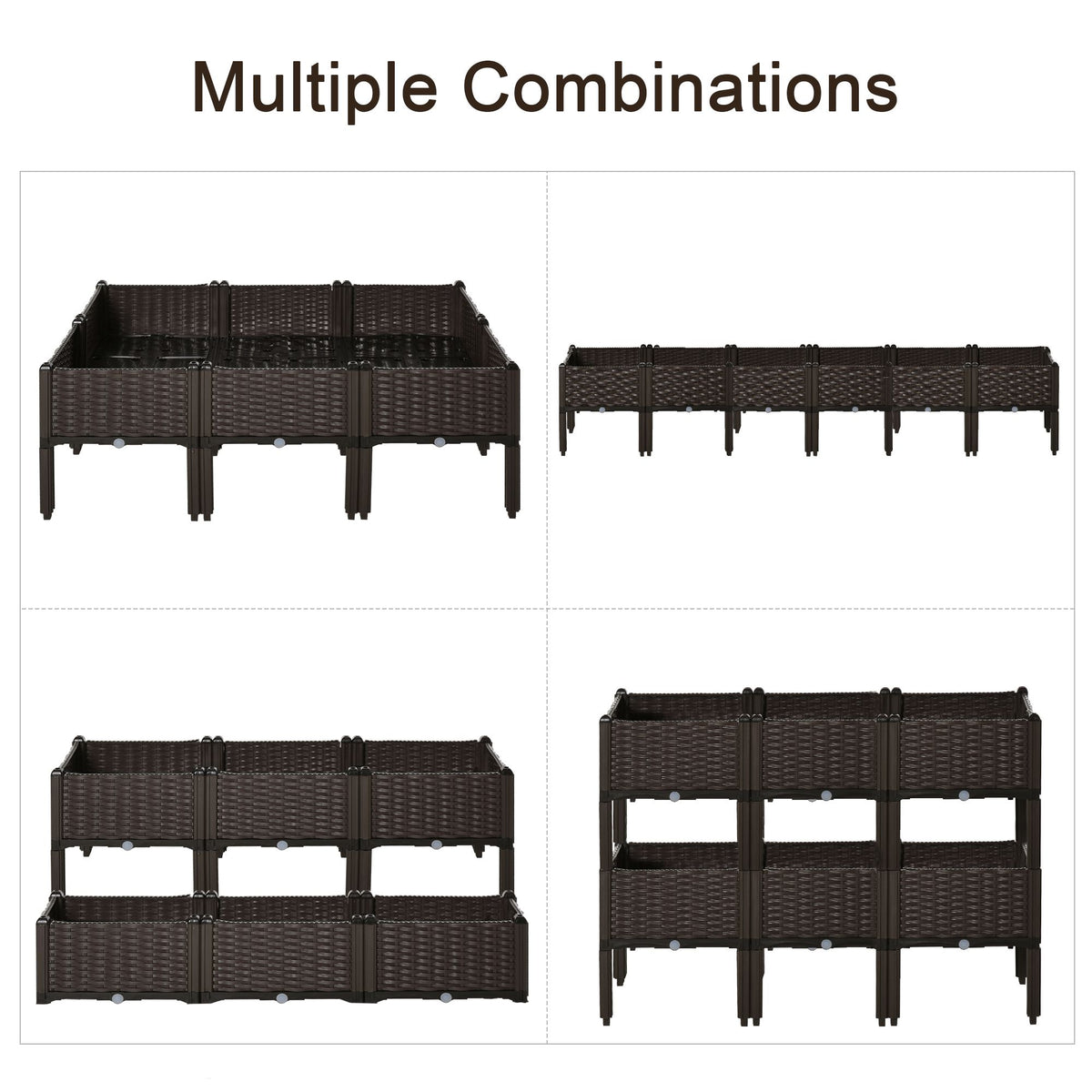 Outsunny brown raised garden planters arranged in single, double, and stacked configurations.