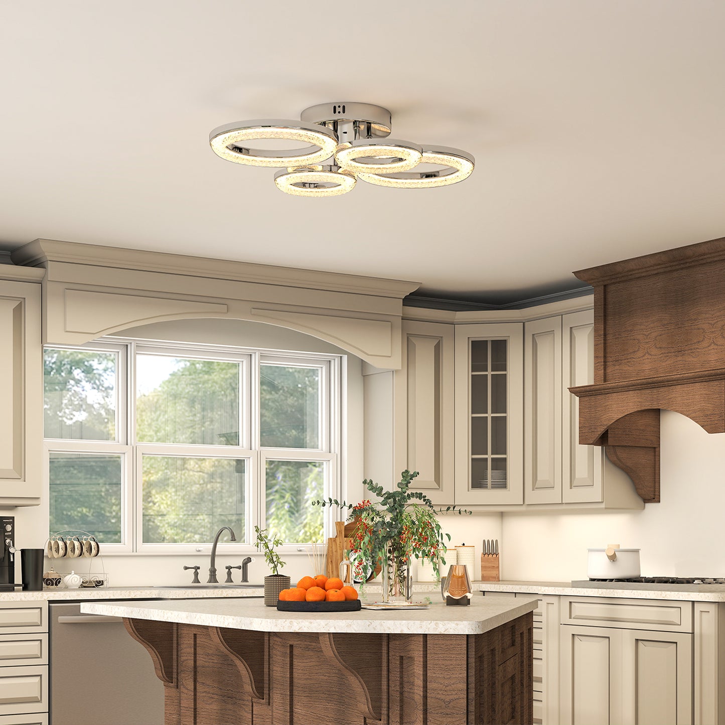 HOMCOM LED Ceiling Light, Modern Dimmable 4 Rings Ceiling Lamp with Wall Switch, 40W 4350lm Flush Mount Ceiling Light with 3500K/4500K/6000K Colour Temperatures for Living Room, Bedroom, Silver Tone