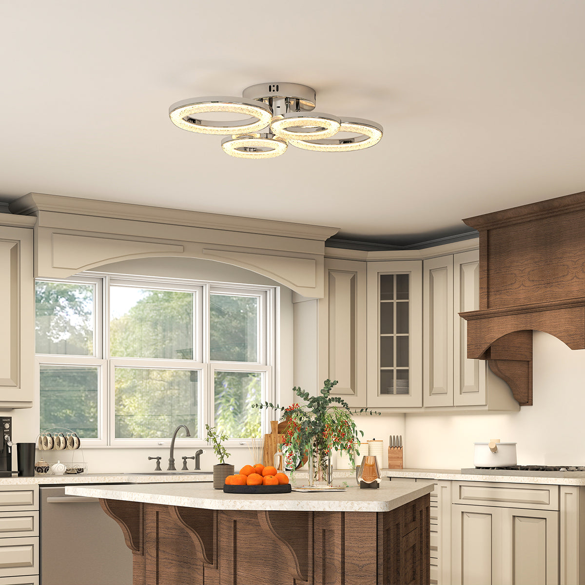 HOMCOM 4-Ring LED Ceiling Light, Flush Mount Ceiling Light with 3 Colour Temperatures, Silver Tone