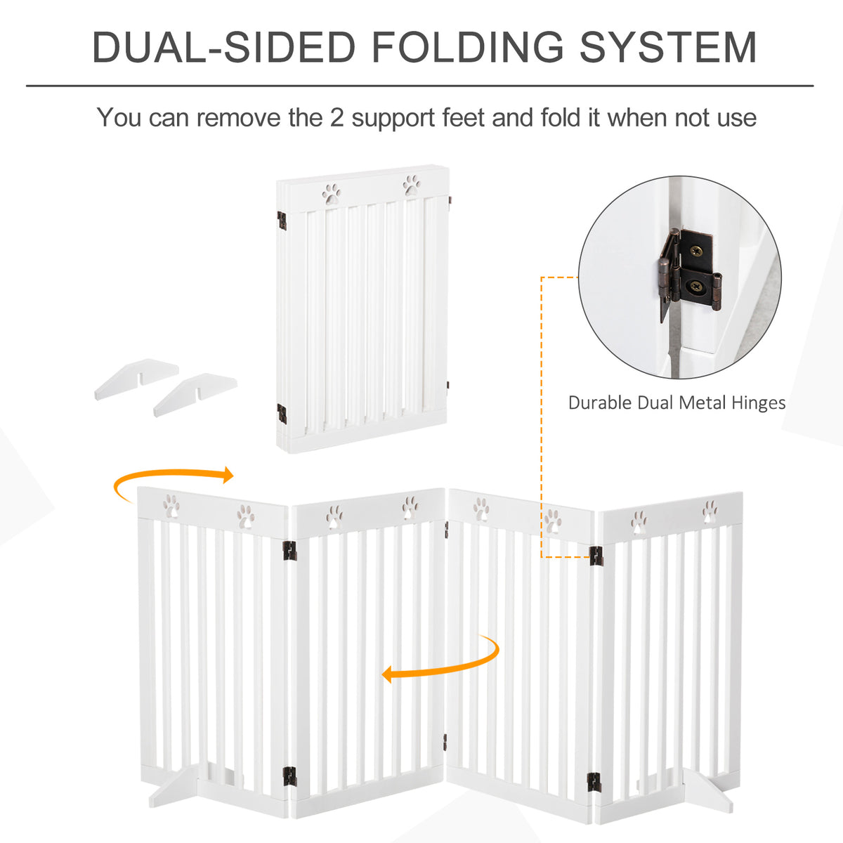 White folding pet gate with hinged panels, removable feet, and metal hinges