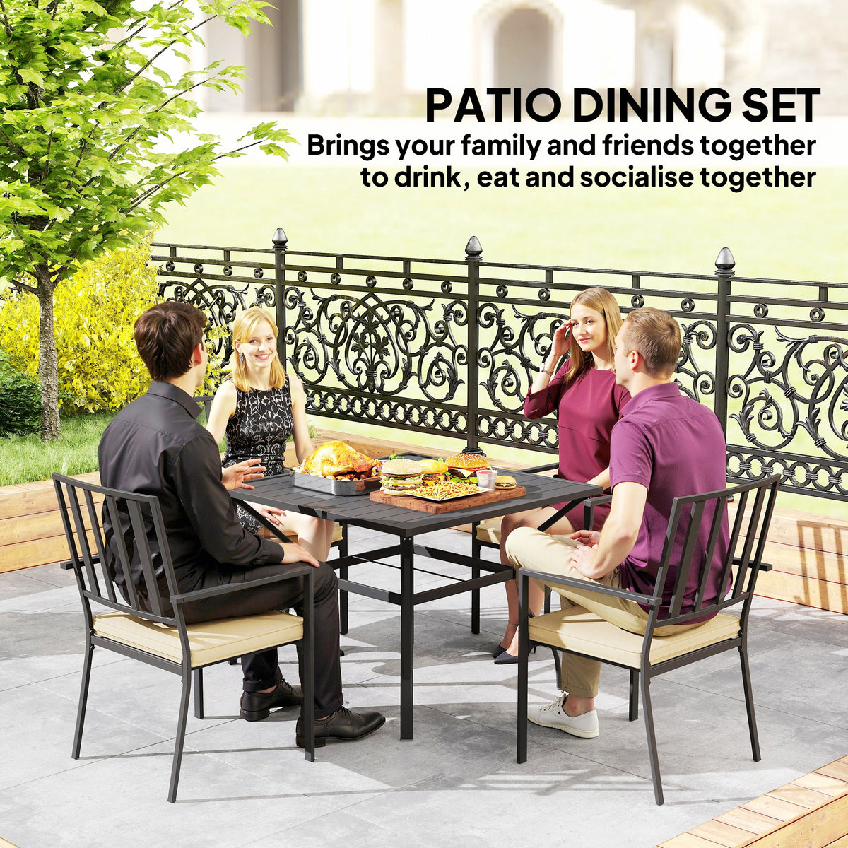 Outsunny 5 Pieces Garden Dining Set with Cushions, Outdoor Patio Table and 4 Stackable Chairs, Metal Top Table with Umbrella Hole, Black