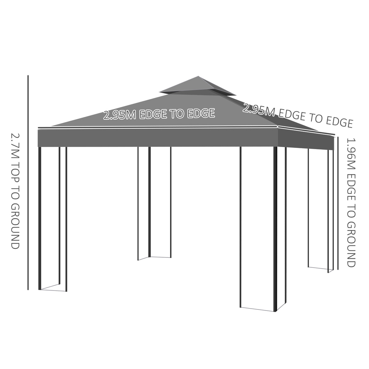 Steel garden gazebo with two-tier roof and dimensions shown