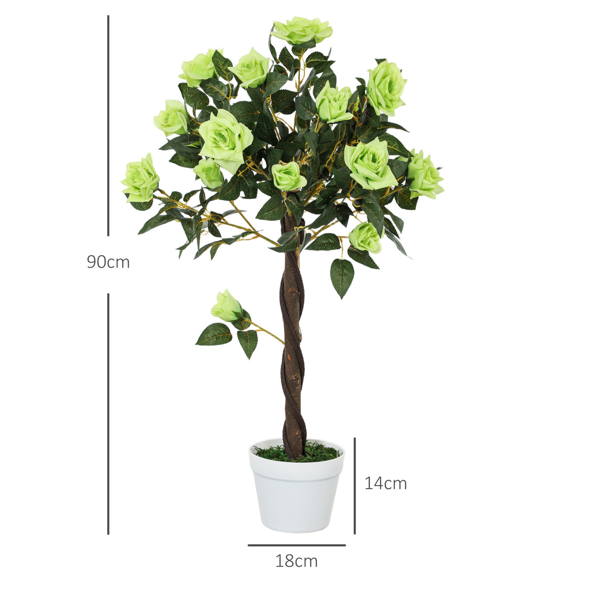 Faux rose tree with lime-green flowers in a white pot; measures 90 cm tall
